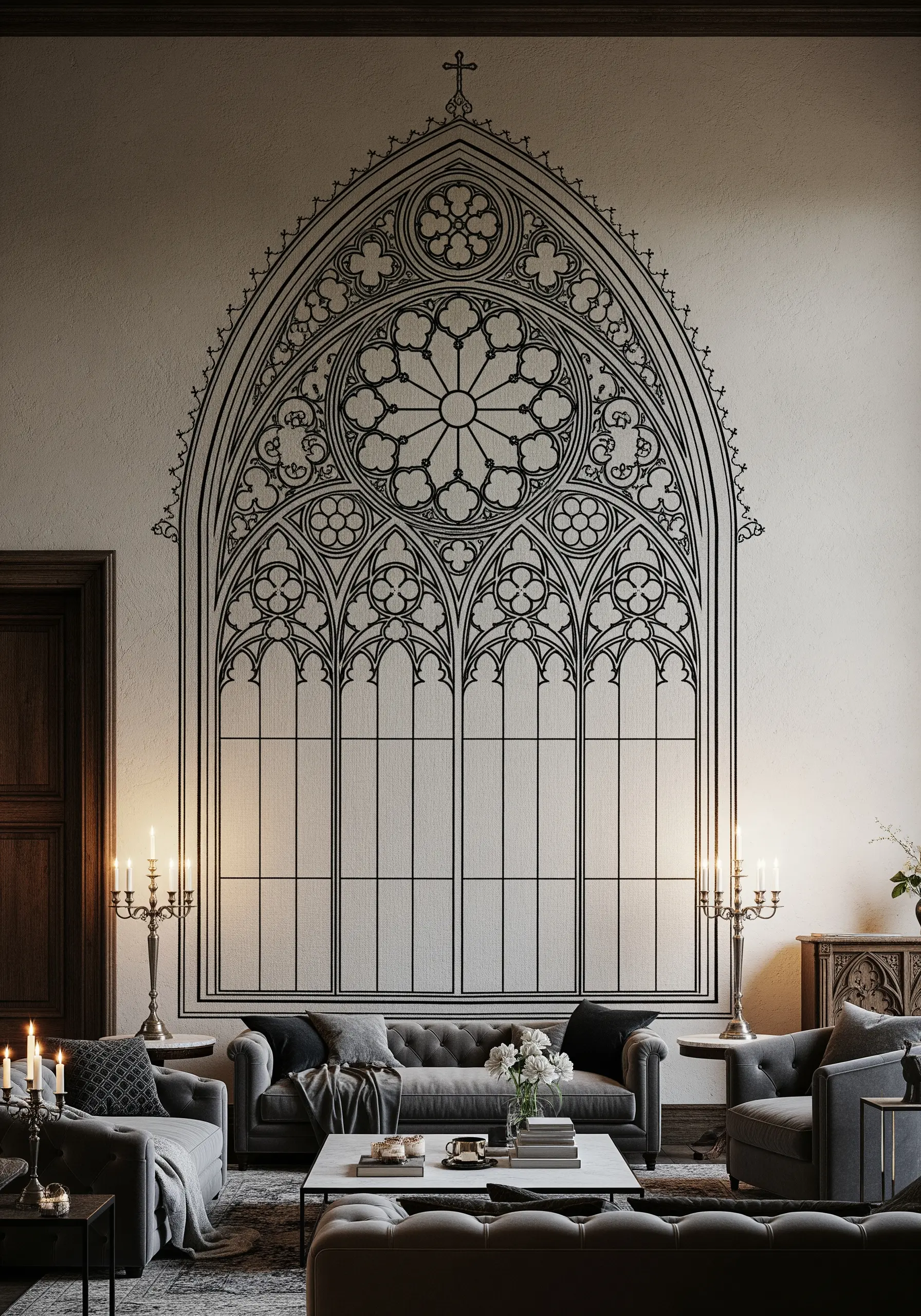 Wall-sized embroidery of a black-outlined Gothic cathedral window in a living room.