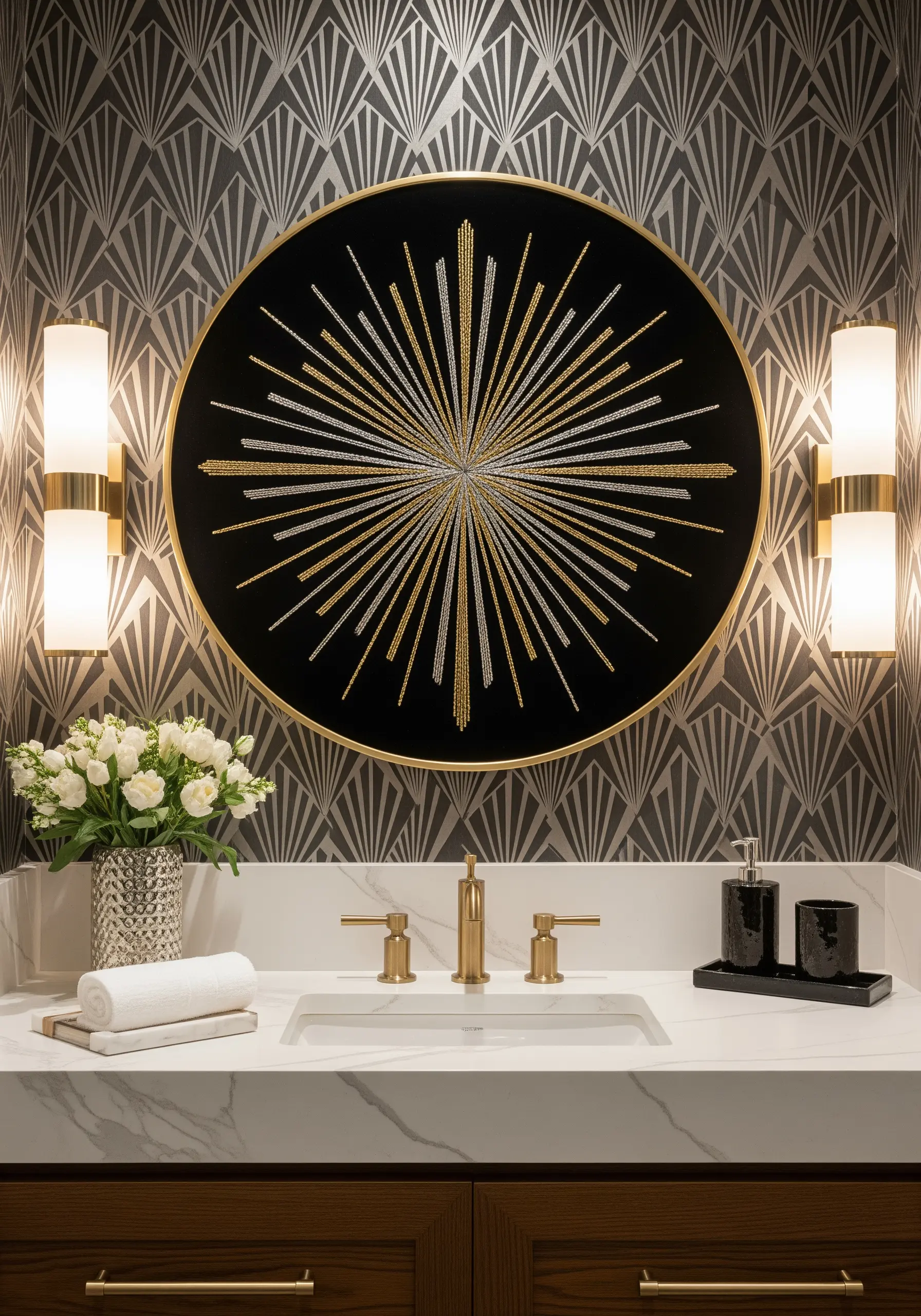 A large, circular embroidery of a gold and silver metallic starburst on a black background.