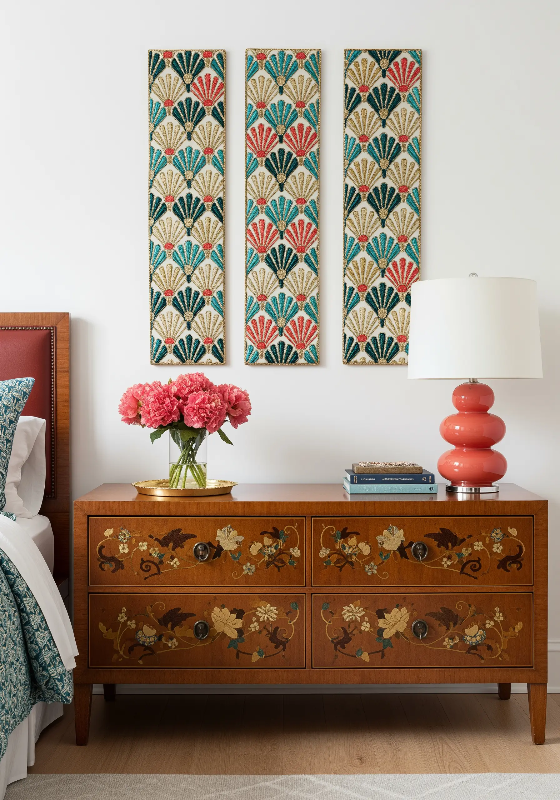 A triptych of narrow vertical panels with embroidered Art Deco fan motifs in blue, red, and gold.
