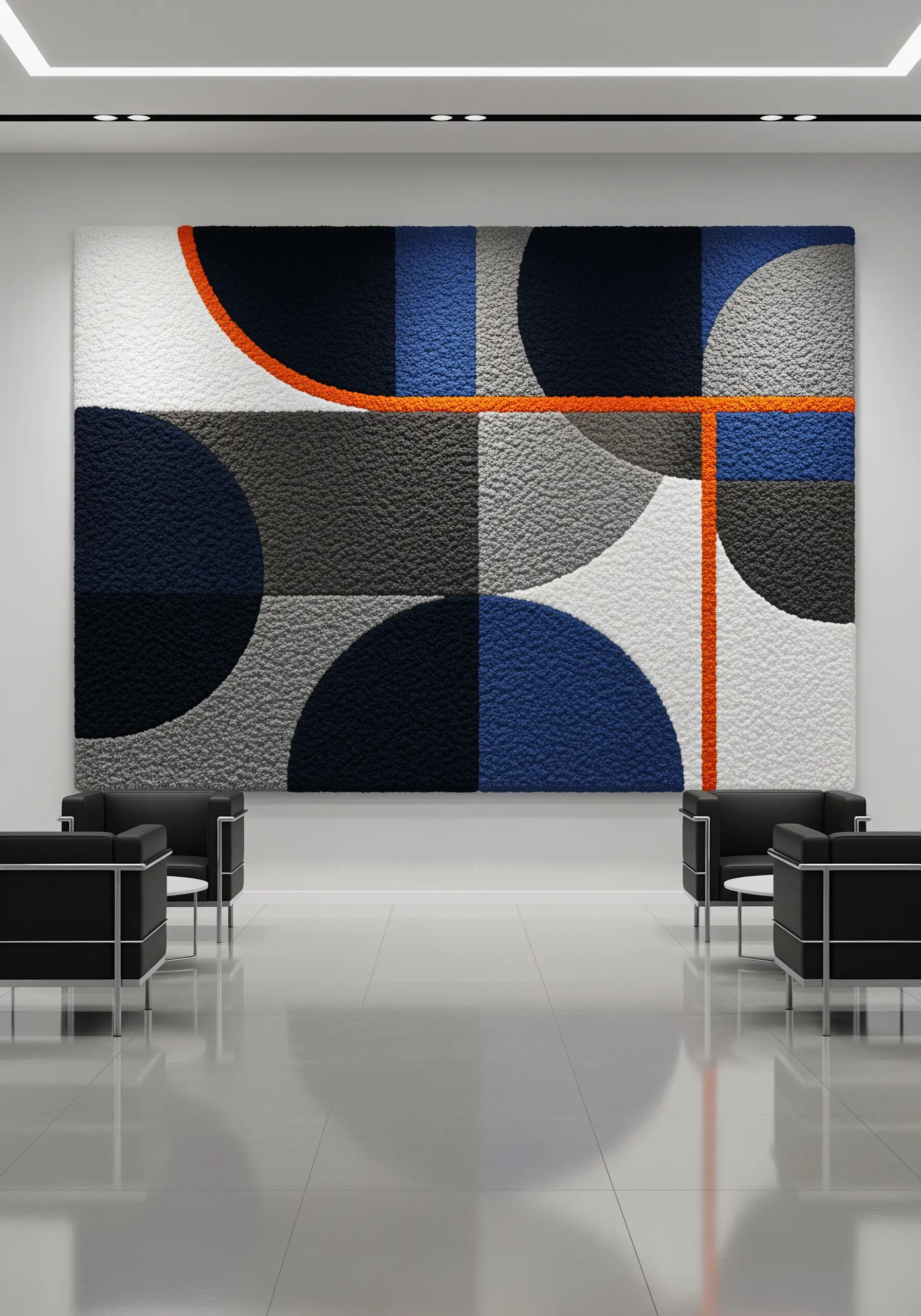 A large, tufted wall hanging featuring a modern geometric design in blue, black, and white.