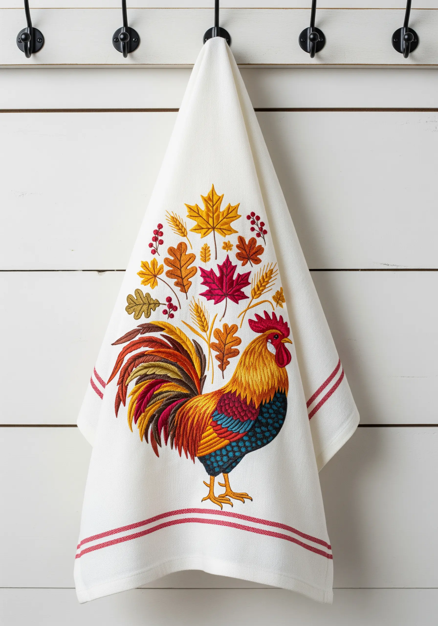 A rooster embroidered on a kitchen towel with bold, colorful satin stitches and autumn leaves.