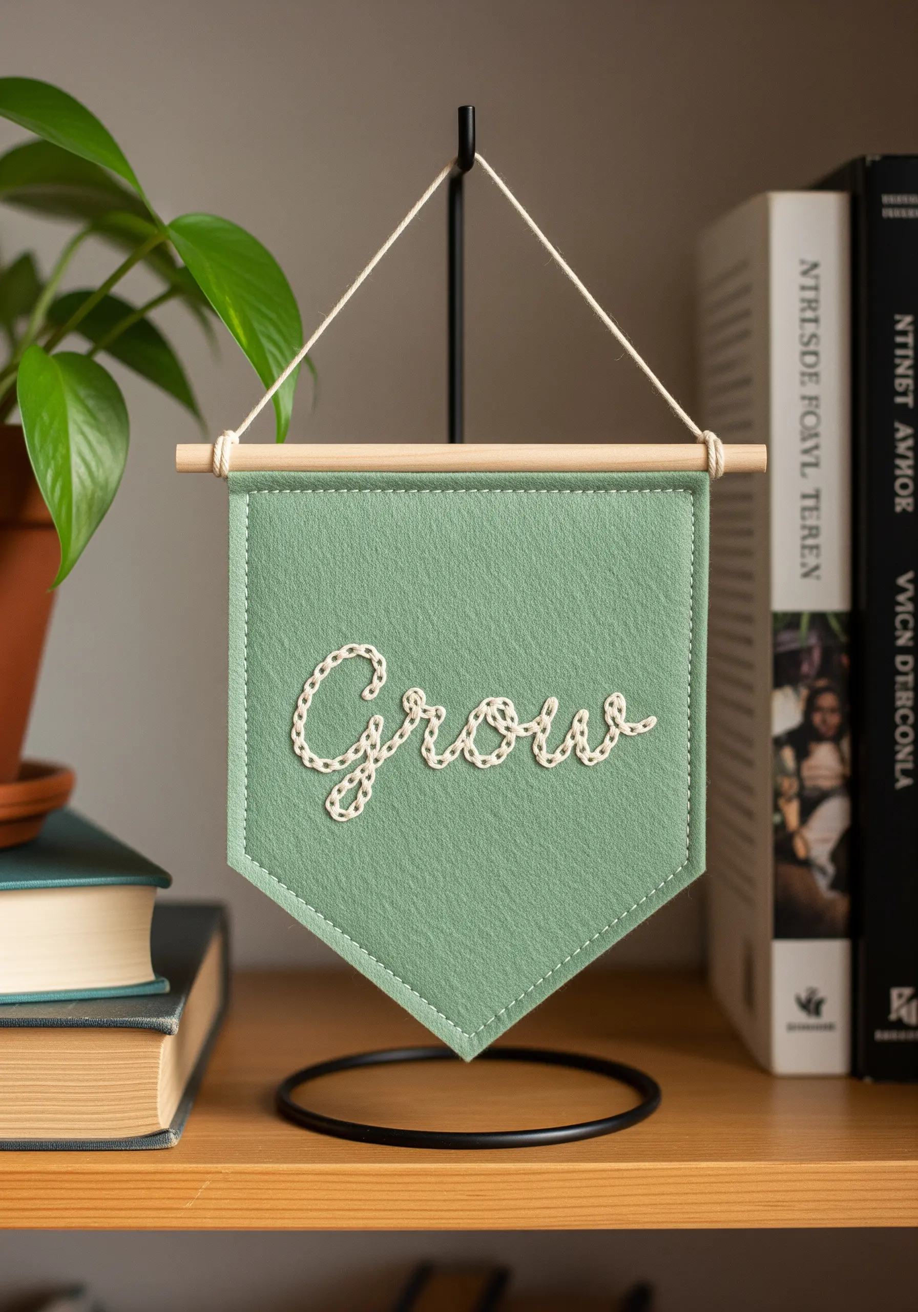 A sage green felt banner with the word 