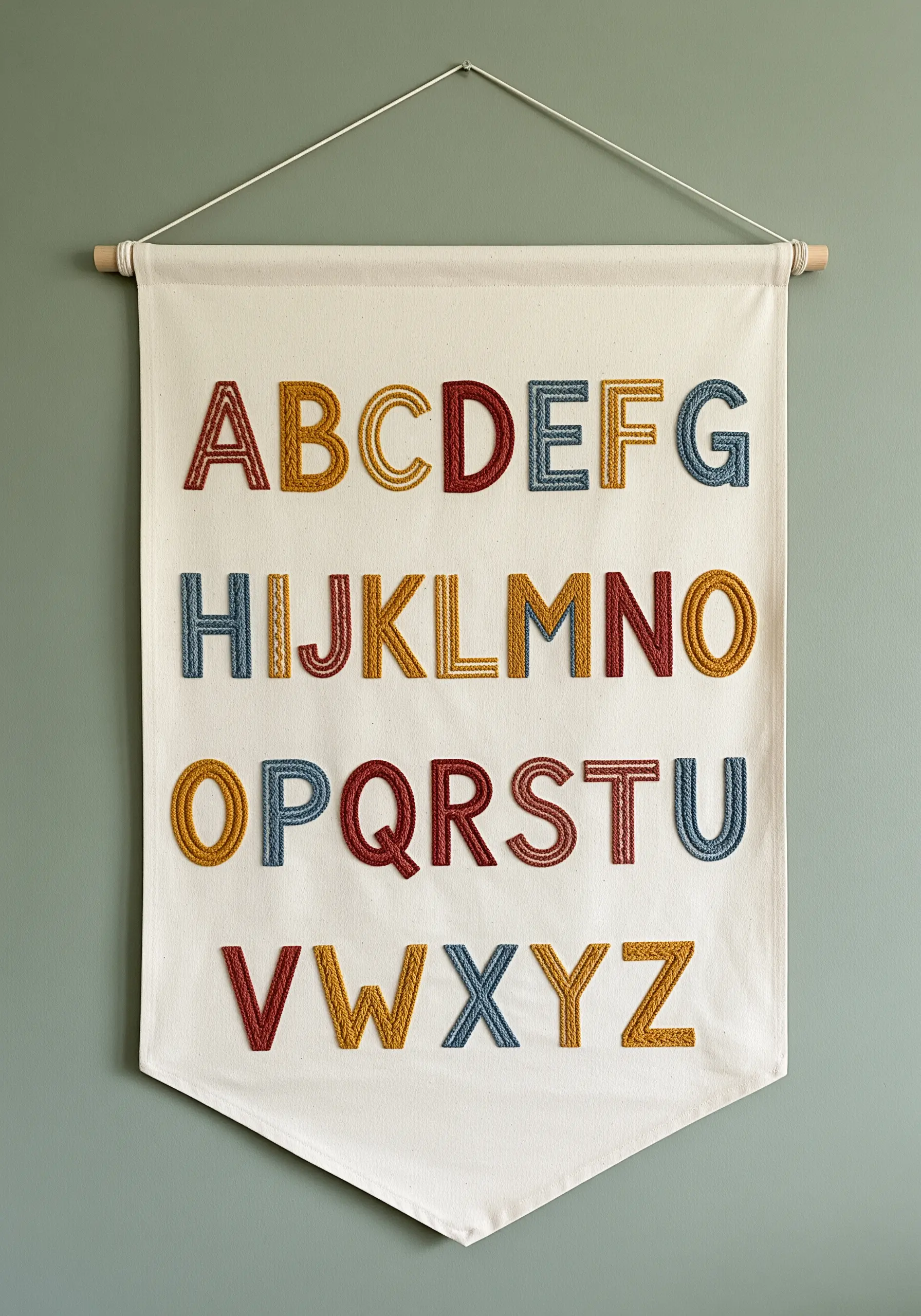 A fabric wall banner with a textured, embroidered alphabet in earthy tones.