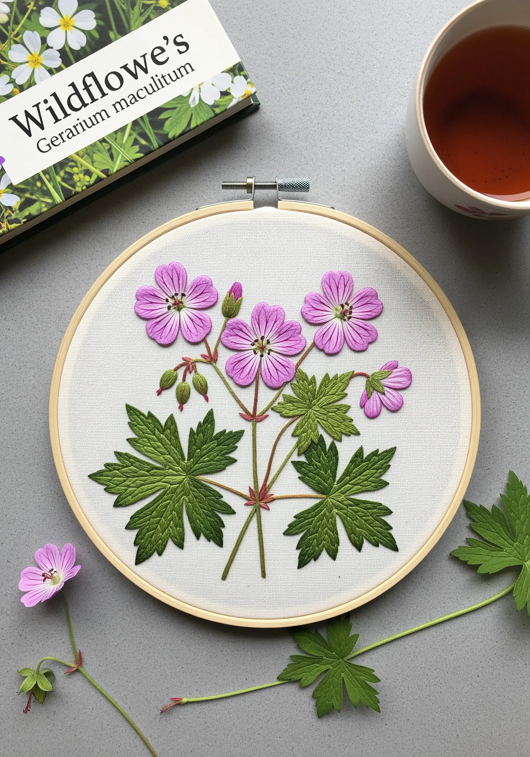 Pink wild geranium embroidery with detached, thread-painted petals and veined leaves.