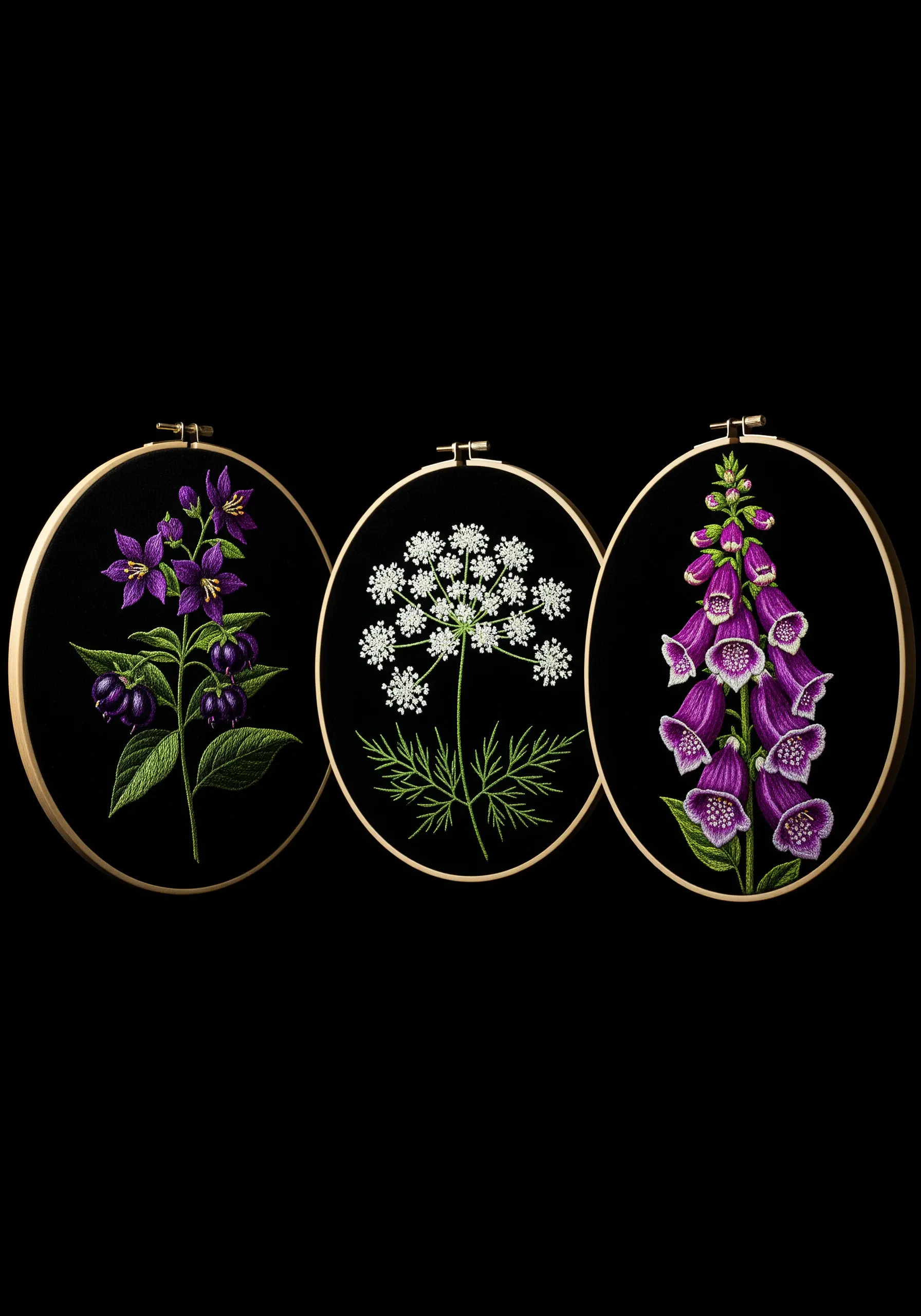 A triptych of poisonous plants—belladonna, hemlock, and foxglove—on black fabric.