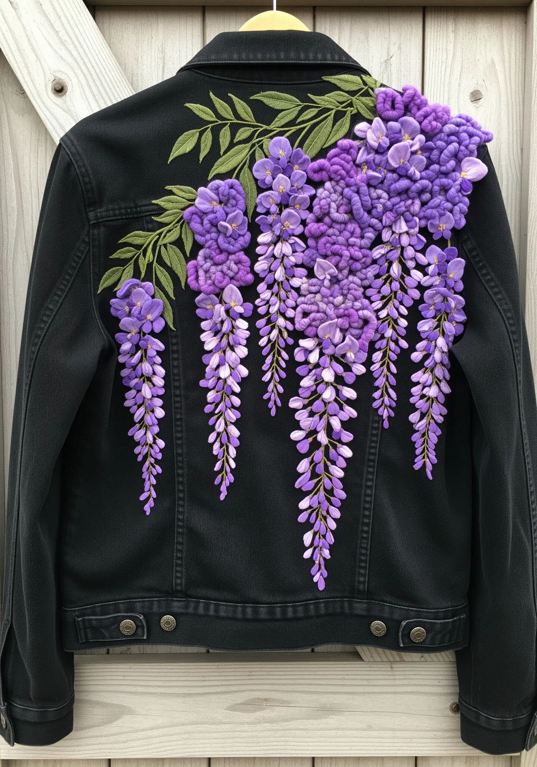 Highly dimensional purple wisteria embroidery cascading down the back of a black jacket.