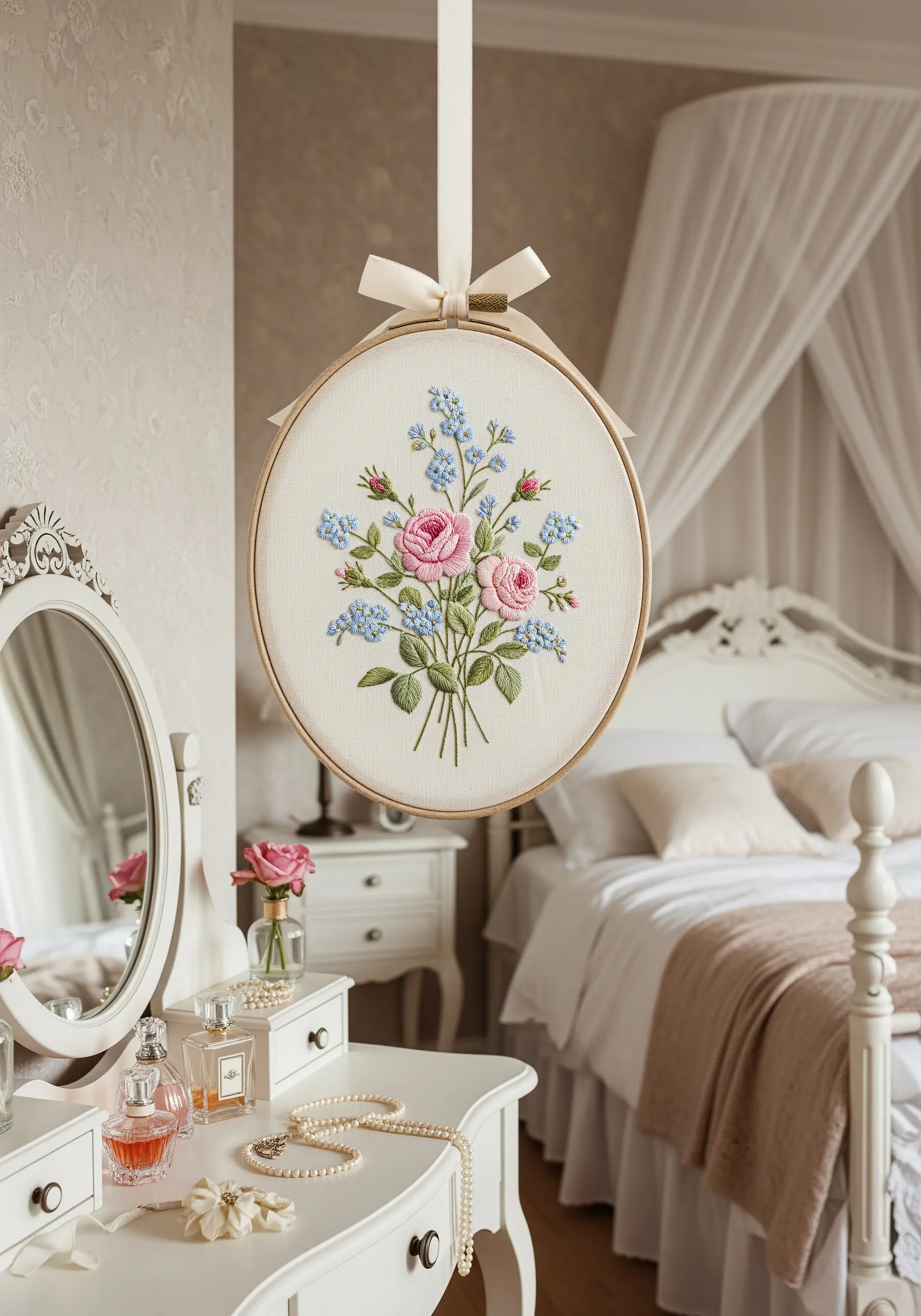 A delicate embroidered bouquet of pink roses and blue forget-me-nots on a neutral fabric.