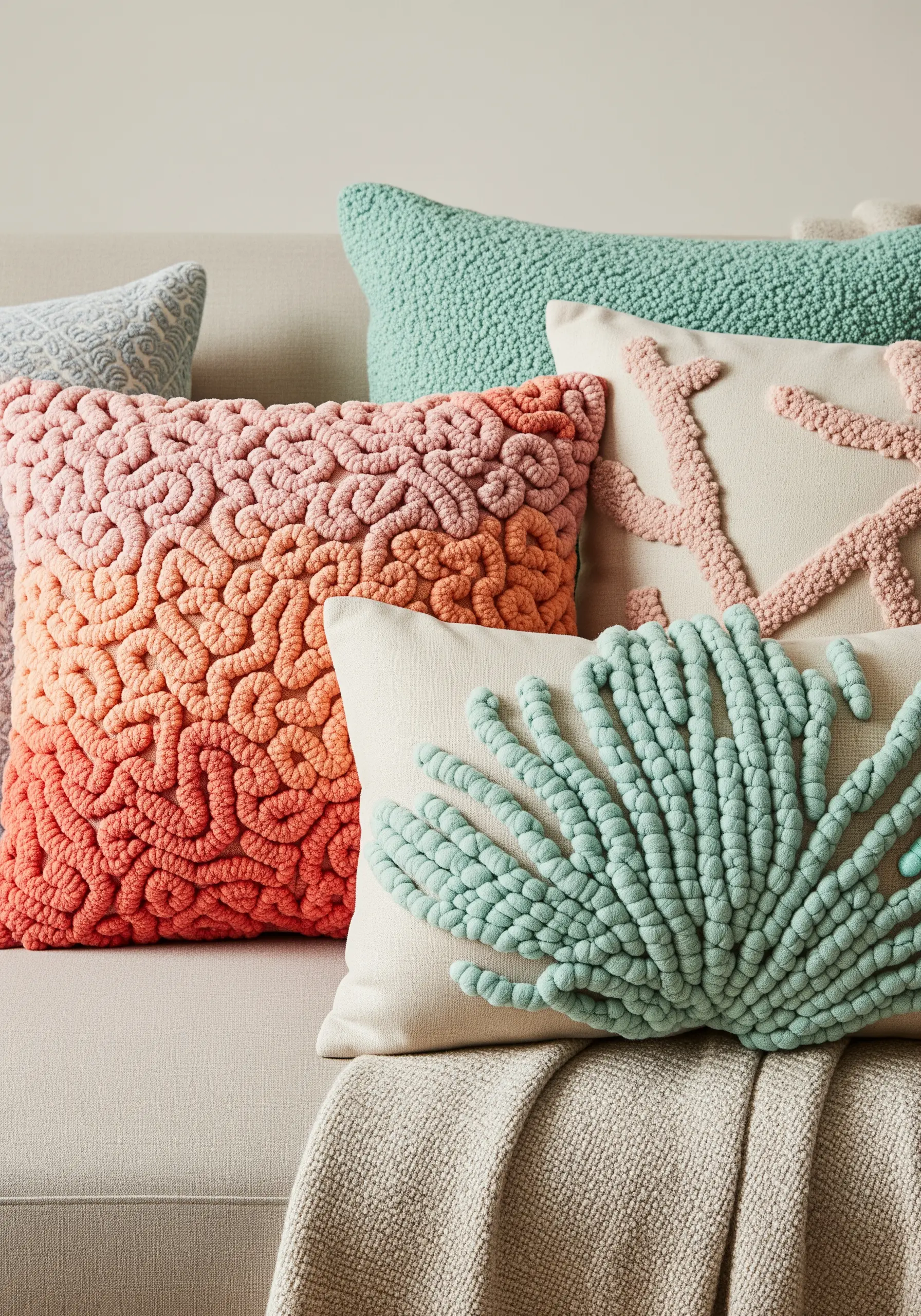 Close-up of pillows with raised embroidery textures resembling coral in shades of pink, orange, and seafoam green.