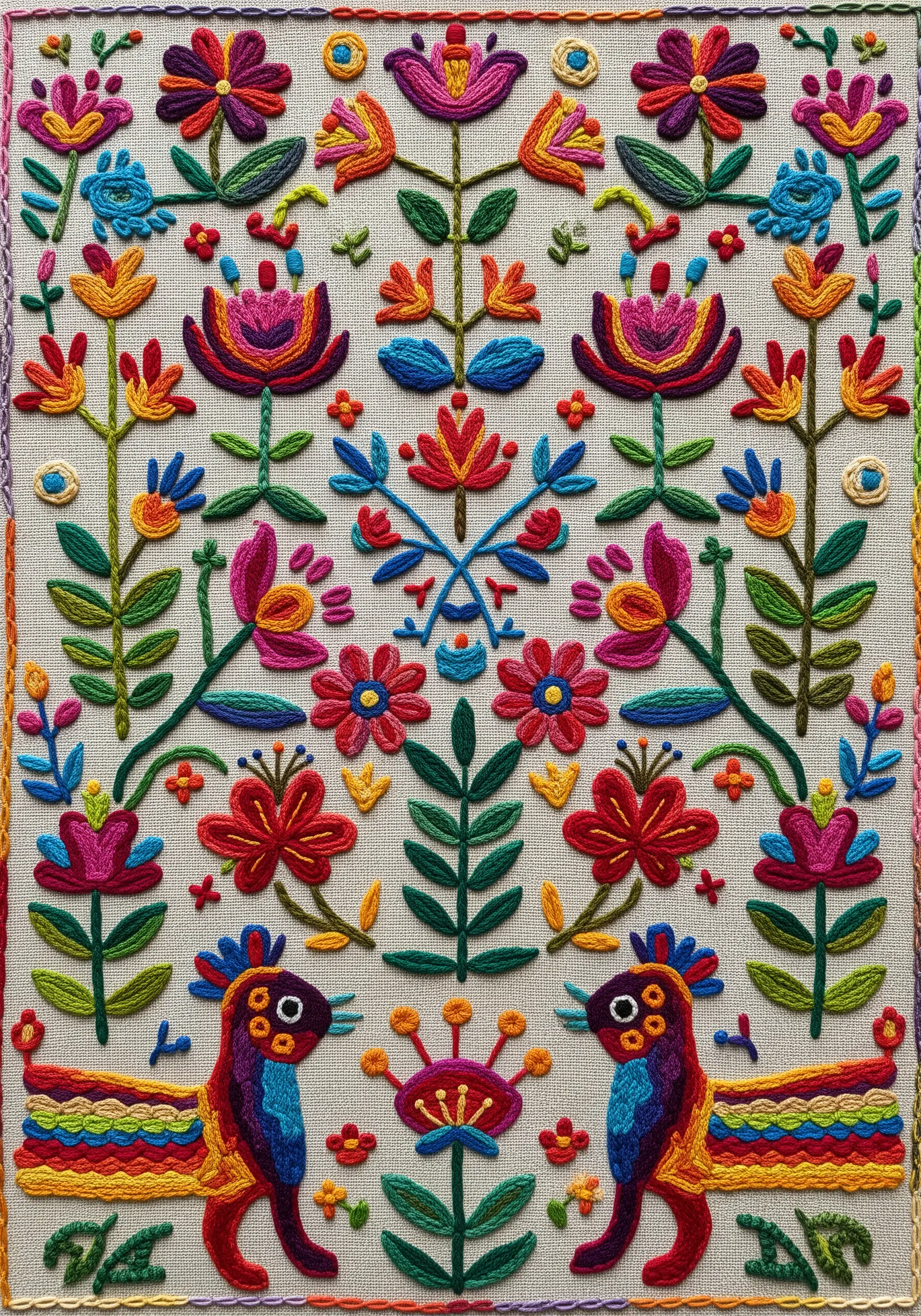 Detailed floral and bird embroidery with vibrant colors and clean, raised satin stitch outlines.