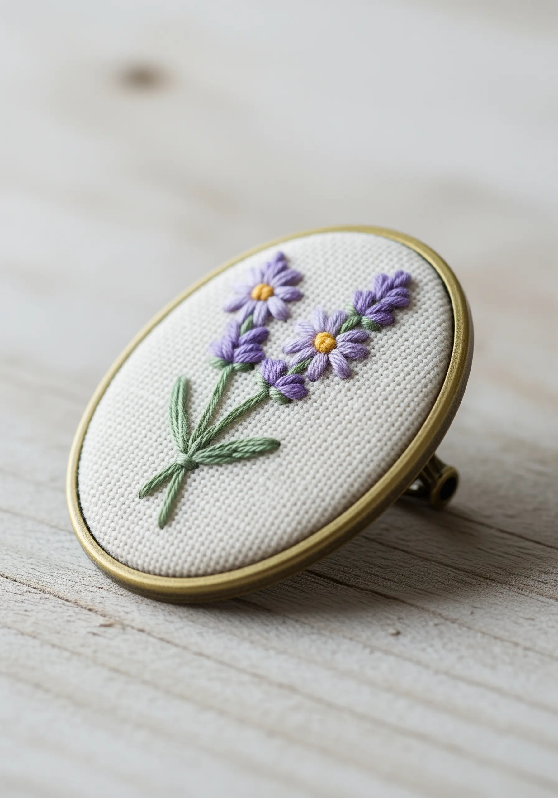 Embroidered lavender and daisy flowers in an oval antique brass ring setting.