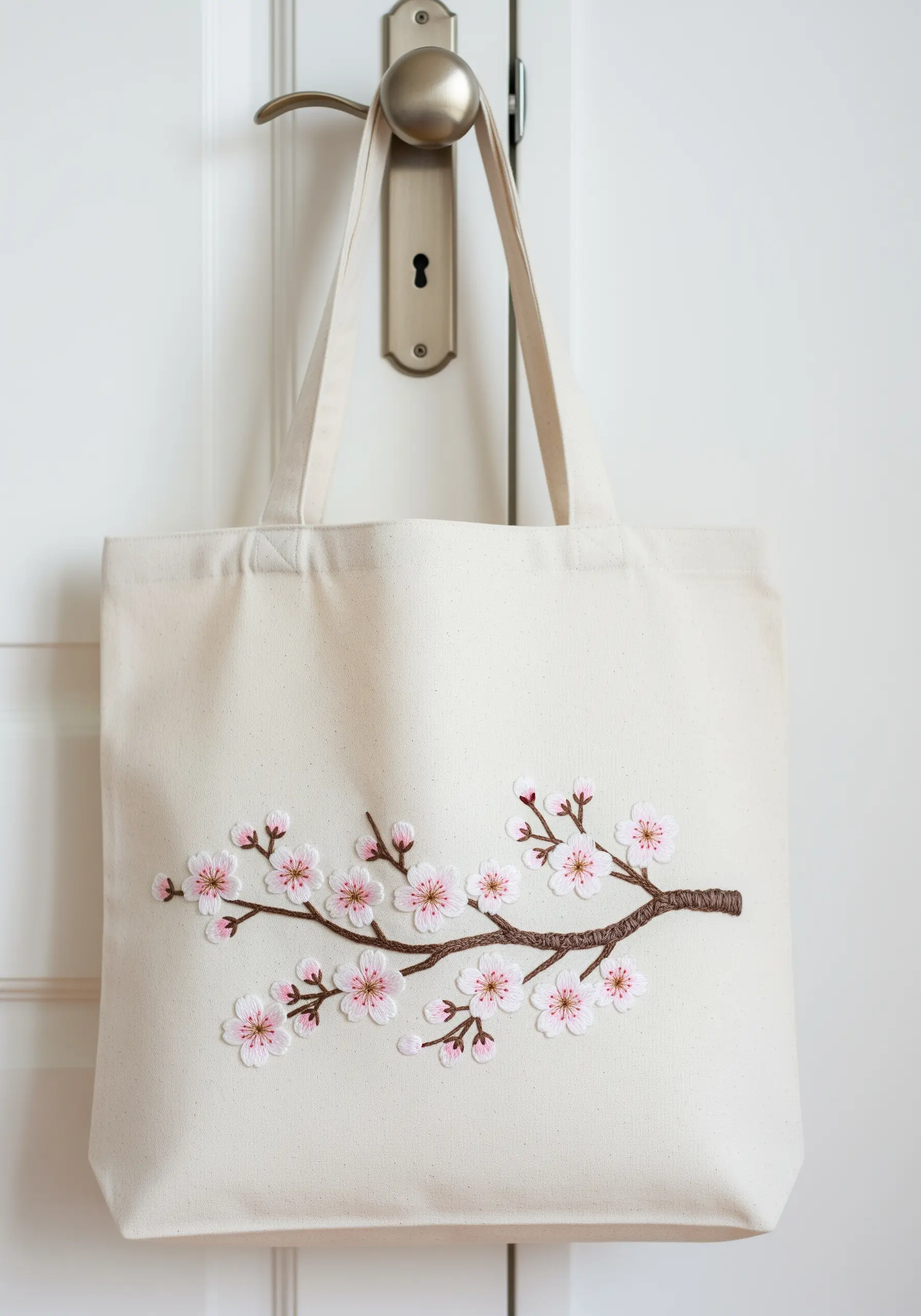 A delicate branch of cherry blossoms with pink and white petals embroidered on a tote bag.