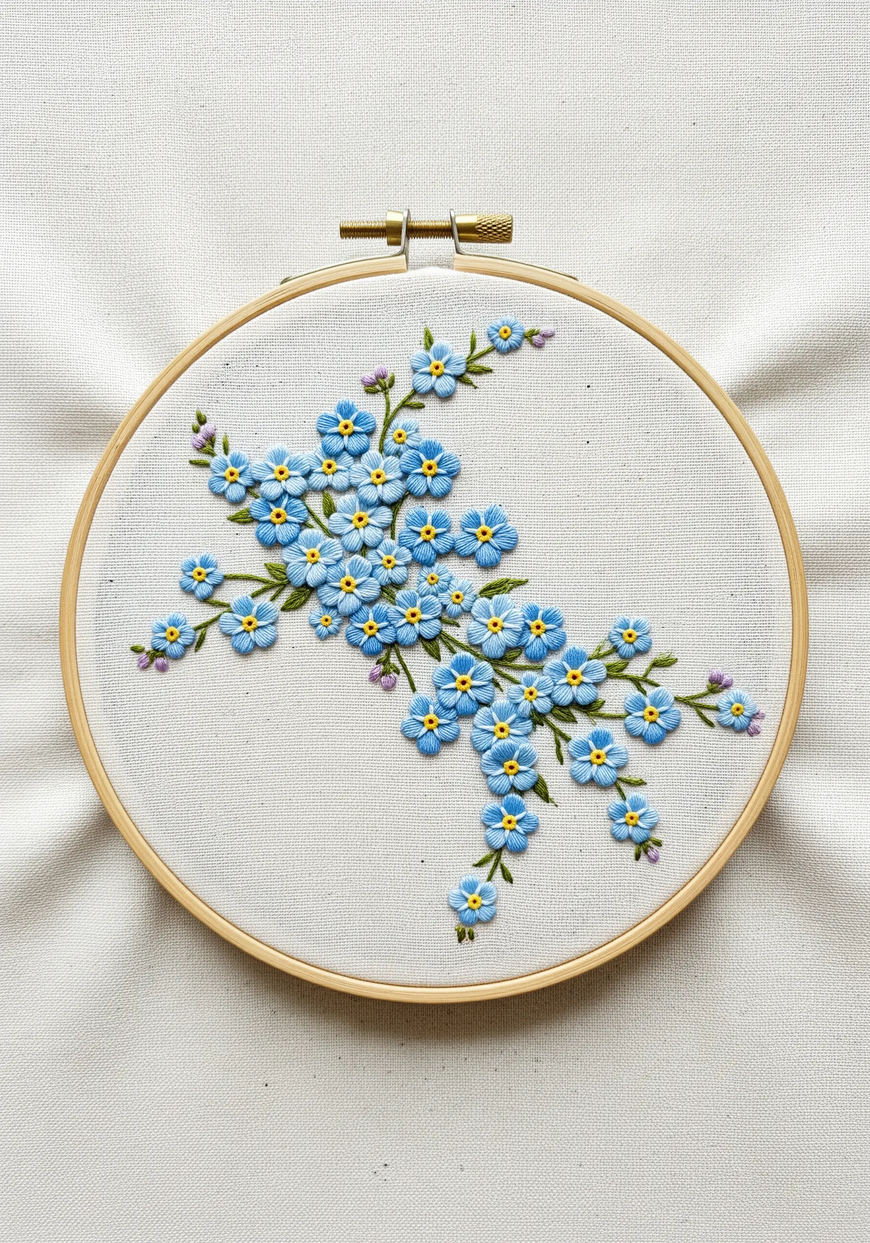 Sprigs of blue forget-me-nots made with lazy daisy stitches and yellow French knot centers.
