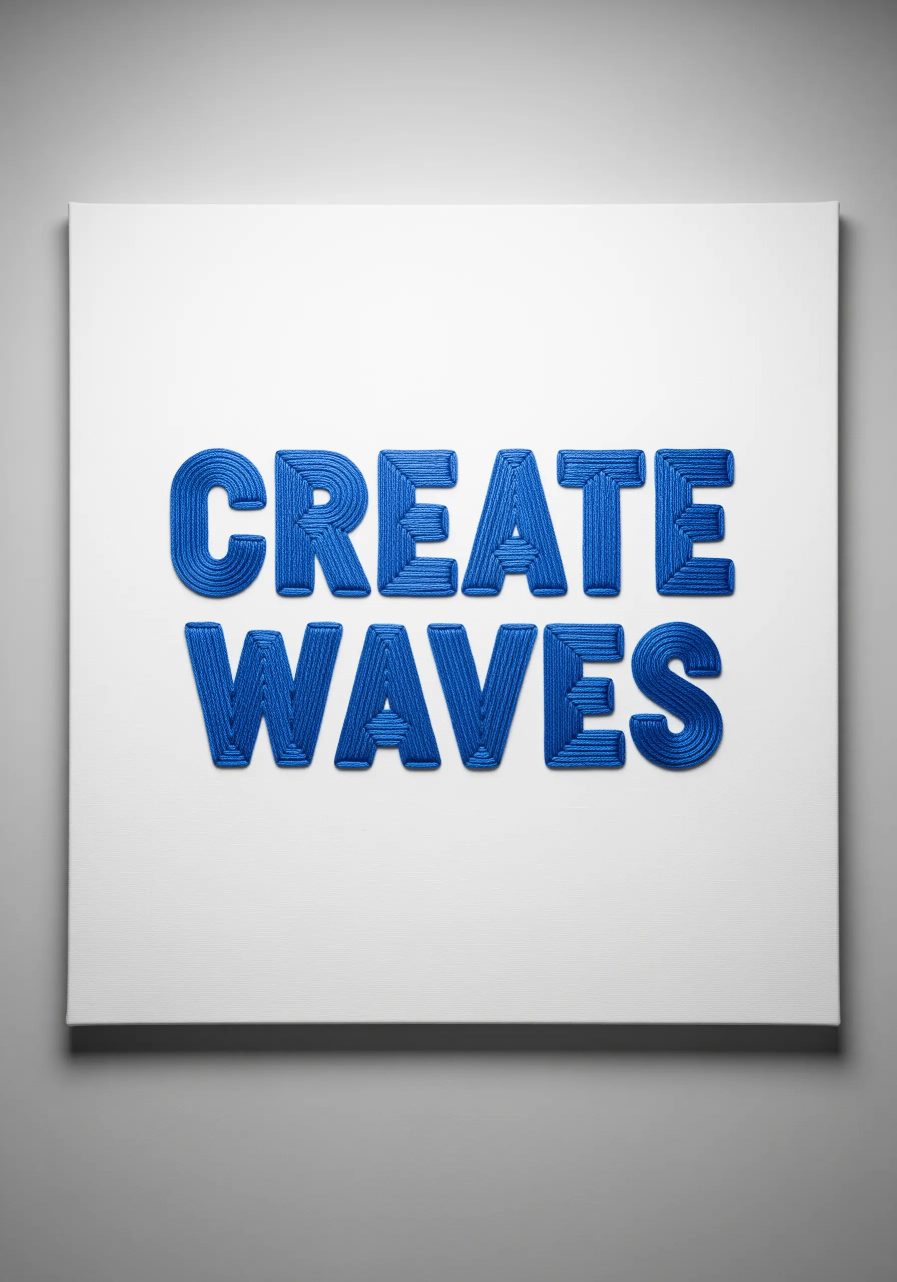 Bold blue typography with a raised, corded texture on a white canvas.