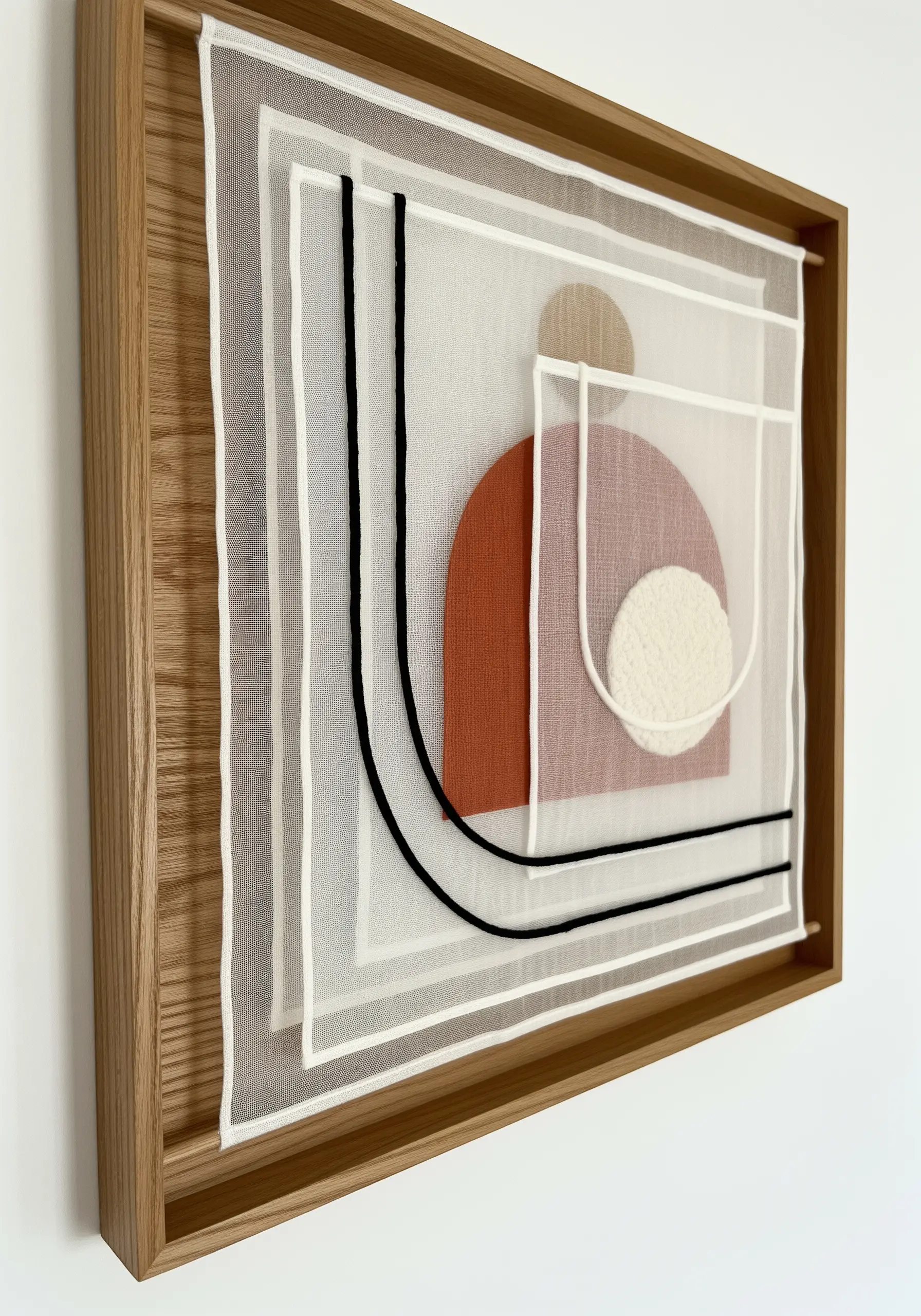 A framed artwork with abstract shapes embroidered on multiple layers of sheer fabric.