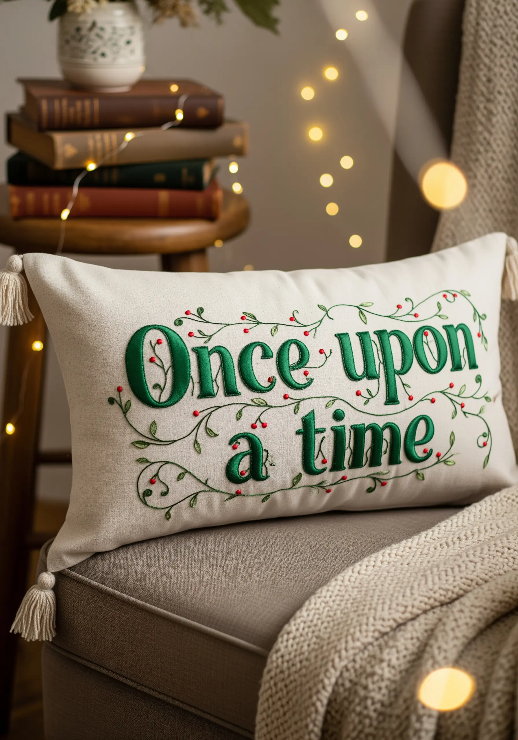Raised green satin stitch lettering with delicate vine details on a cream pillow.