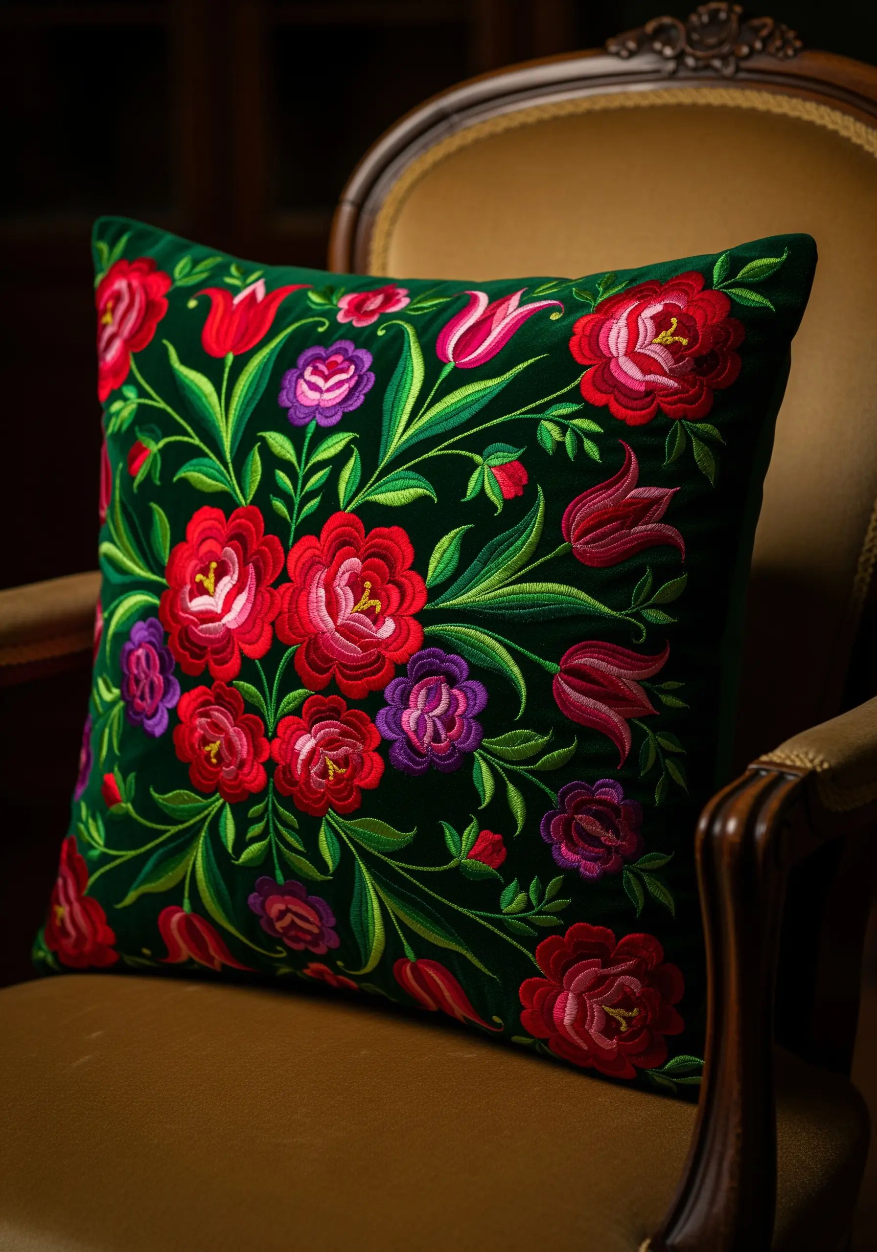 Red and purple floral embroidery on a dark green velvet cushion.