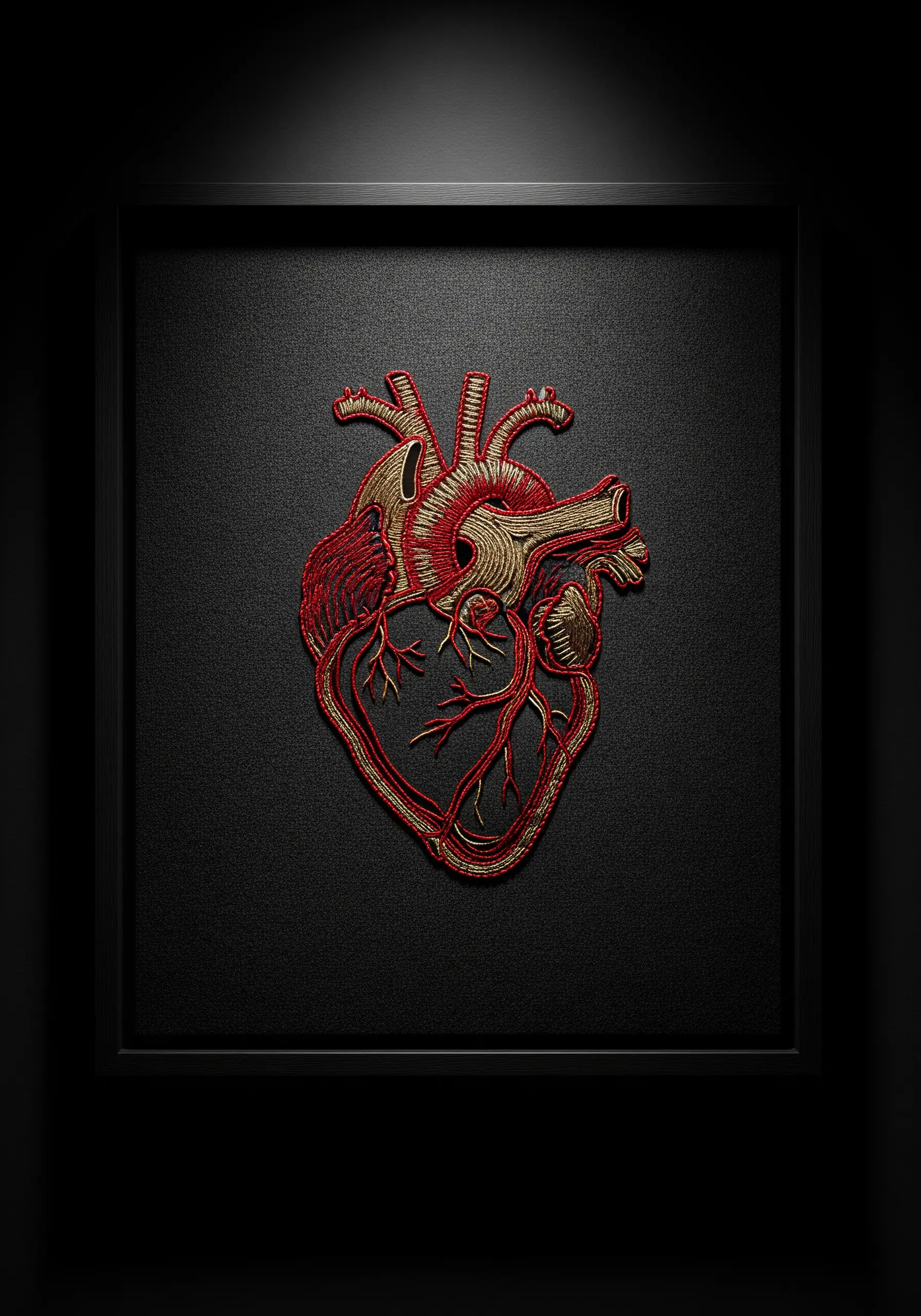 Gold and red thread anatomical heart embroidered on black fabric, framed and spotlit.
