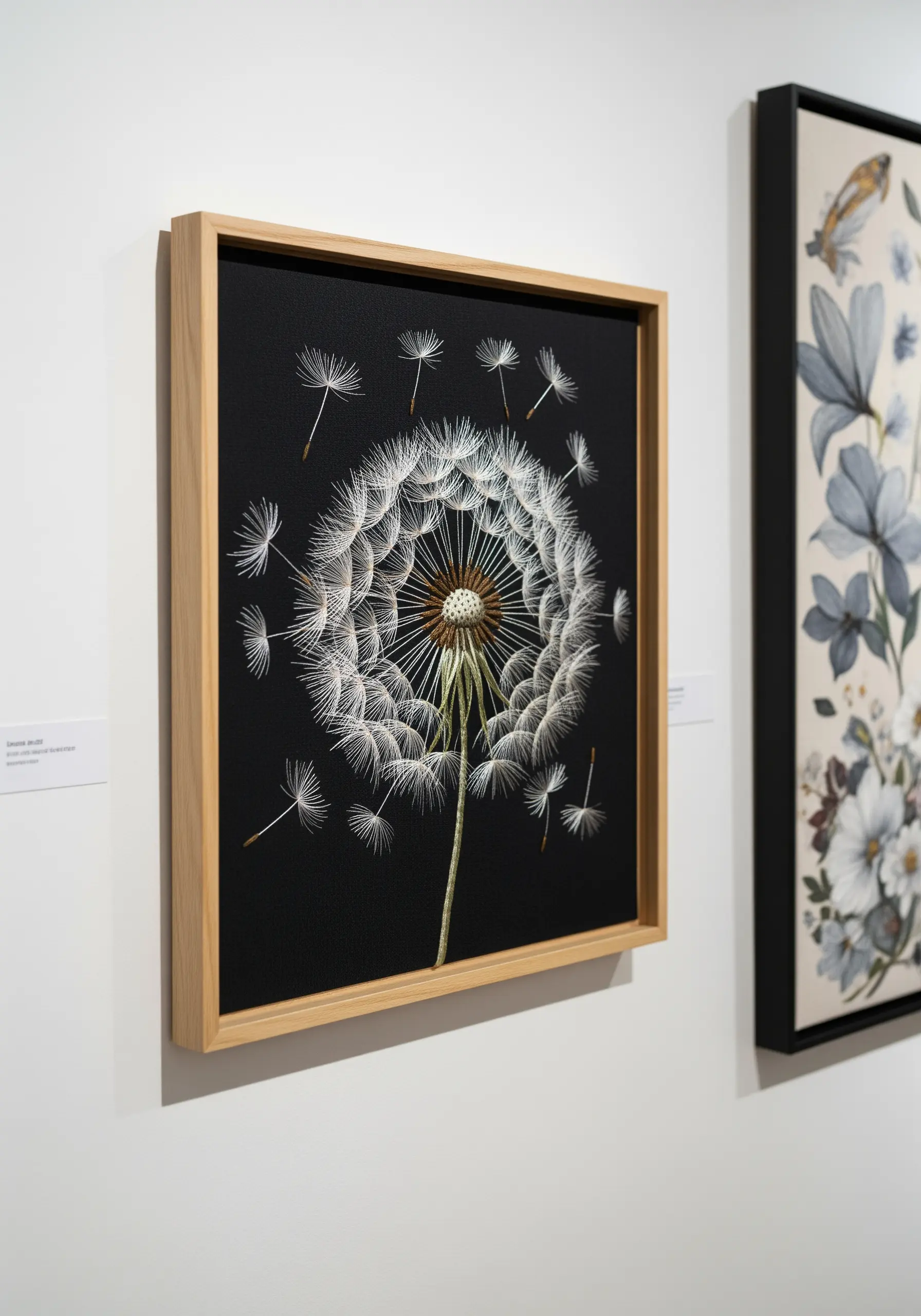 Hyper-realistic white dandelion embroidered on black fabric, framed in light wood.