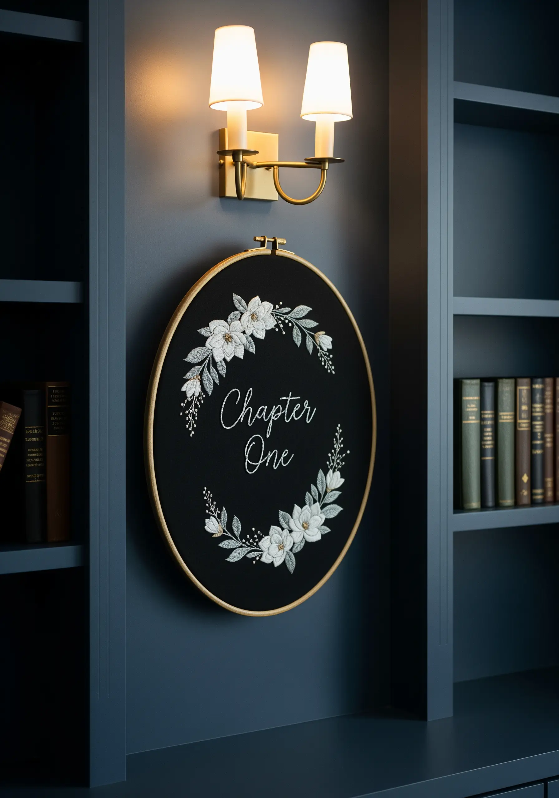 Elegant white and silver floral embroidery on a black fabric background.