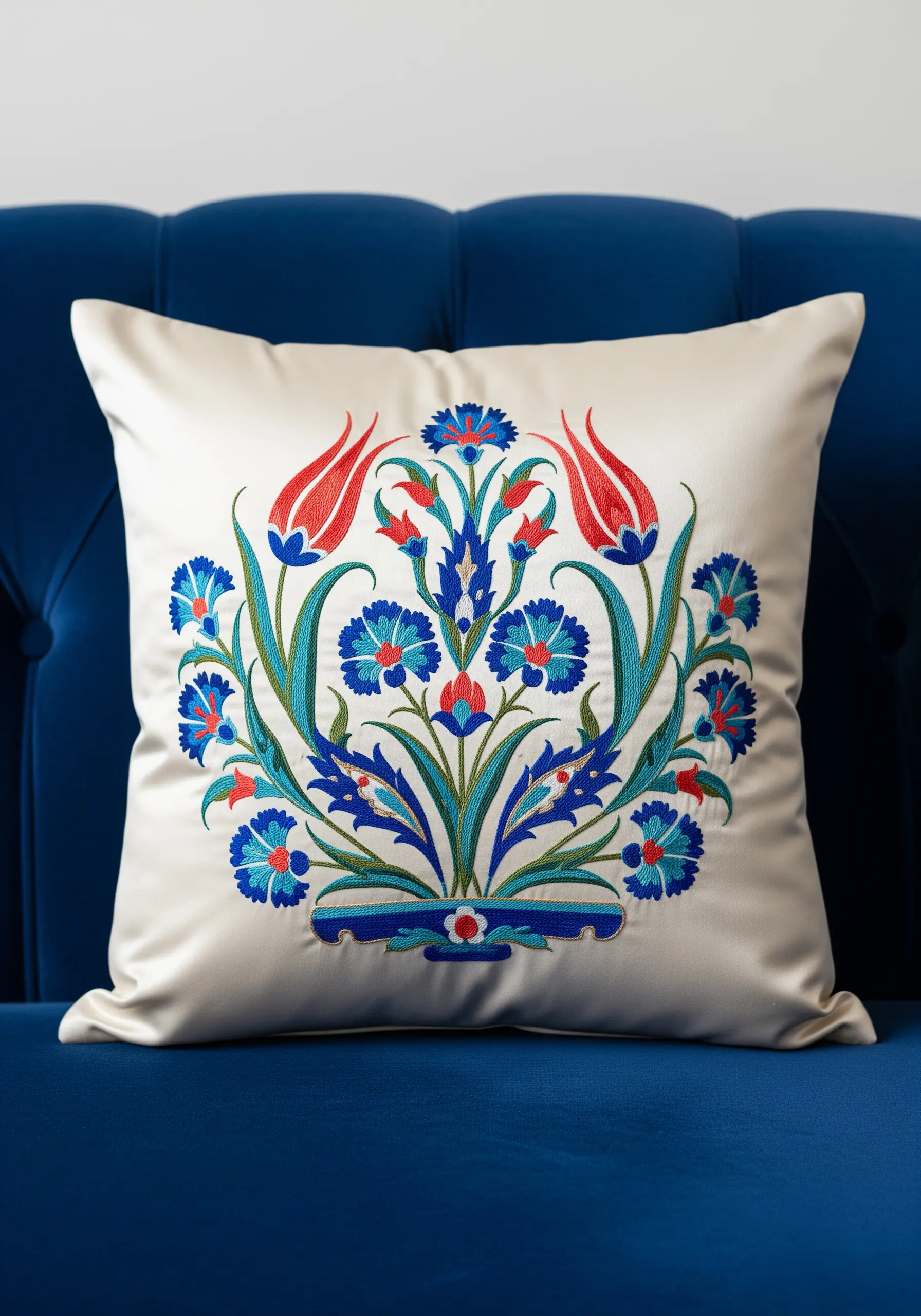 Symmetrical Turkish-style floral bouquet embroidered on a satin throw pillow.