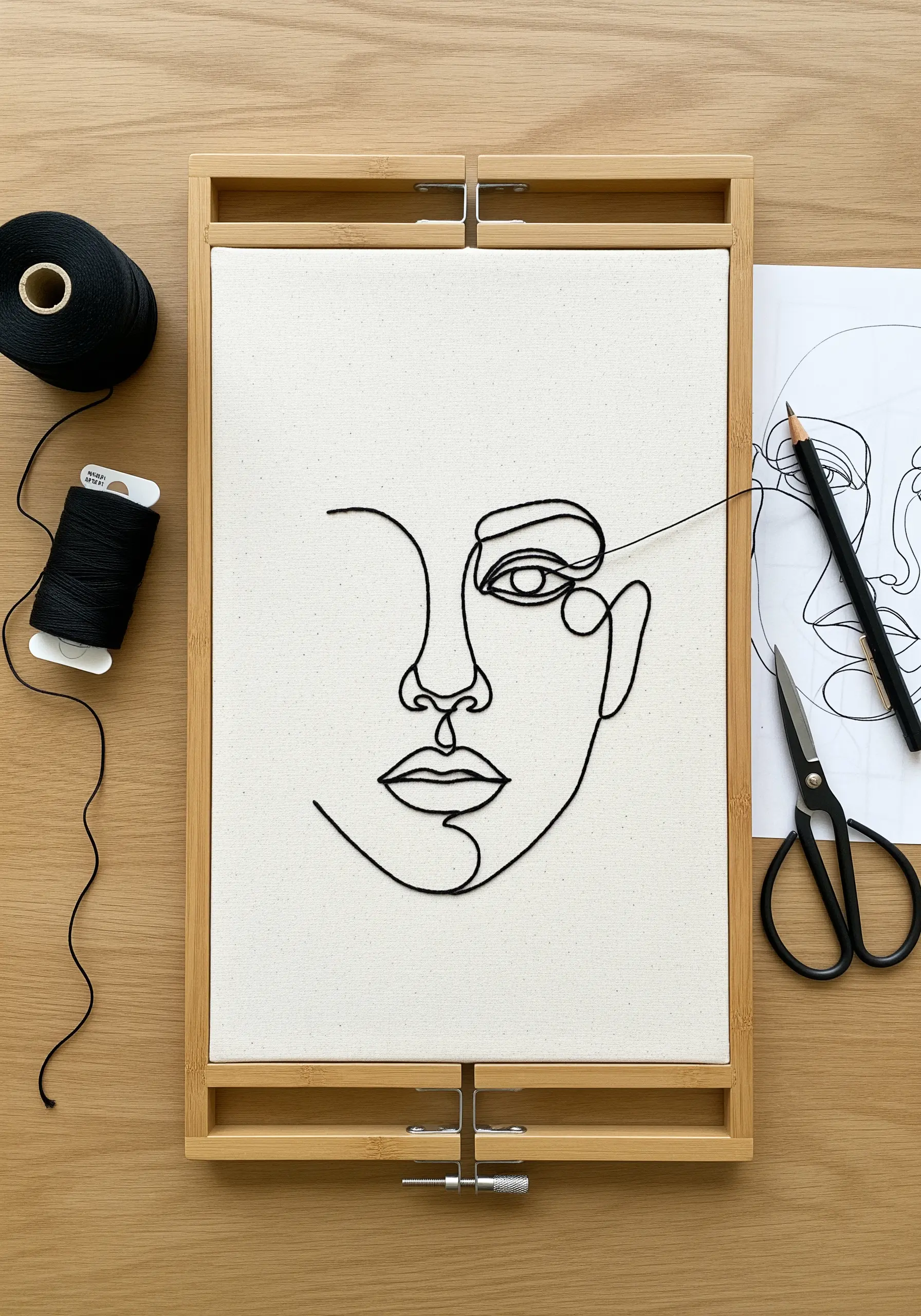 Minimalist continuous line art portrait of a face stitched in black thread on white canvas.