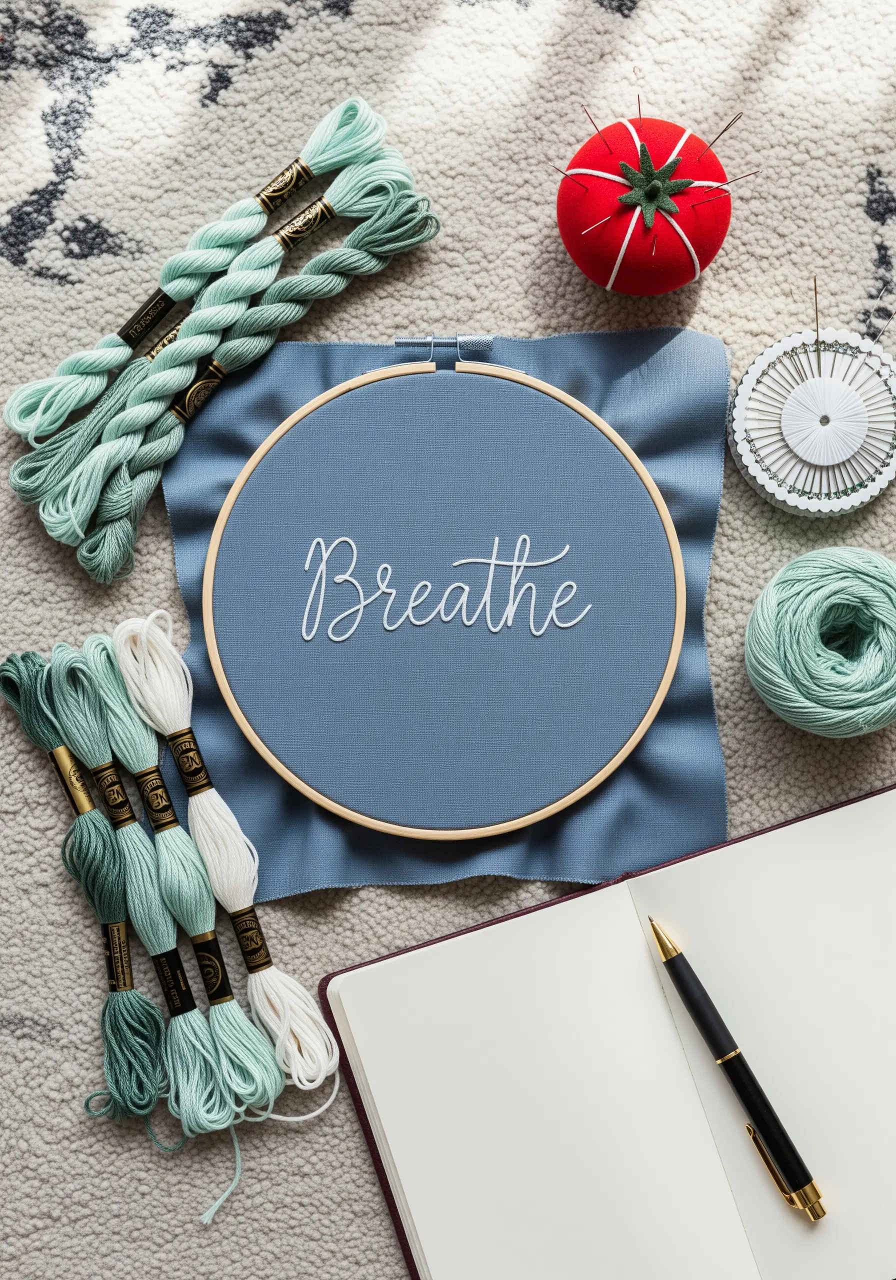 The word 'Breathe' stitched in elegant white script on a dusty blue fabric background.