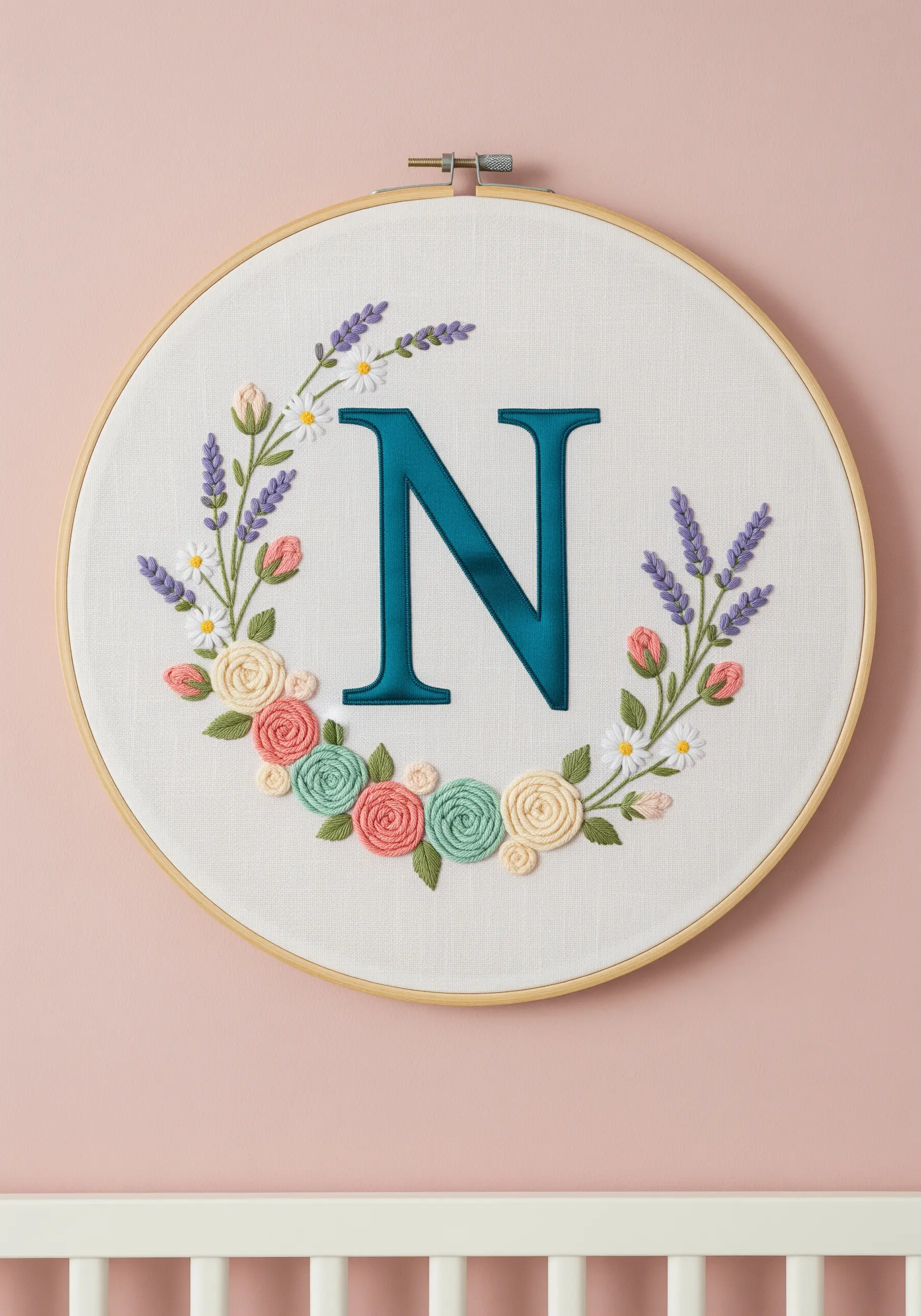 An embroidered letter 'N' with a padded satin stitch finish, surrounded by floral motifs.