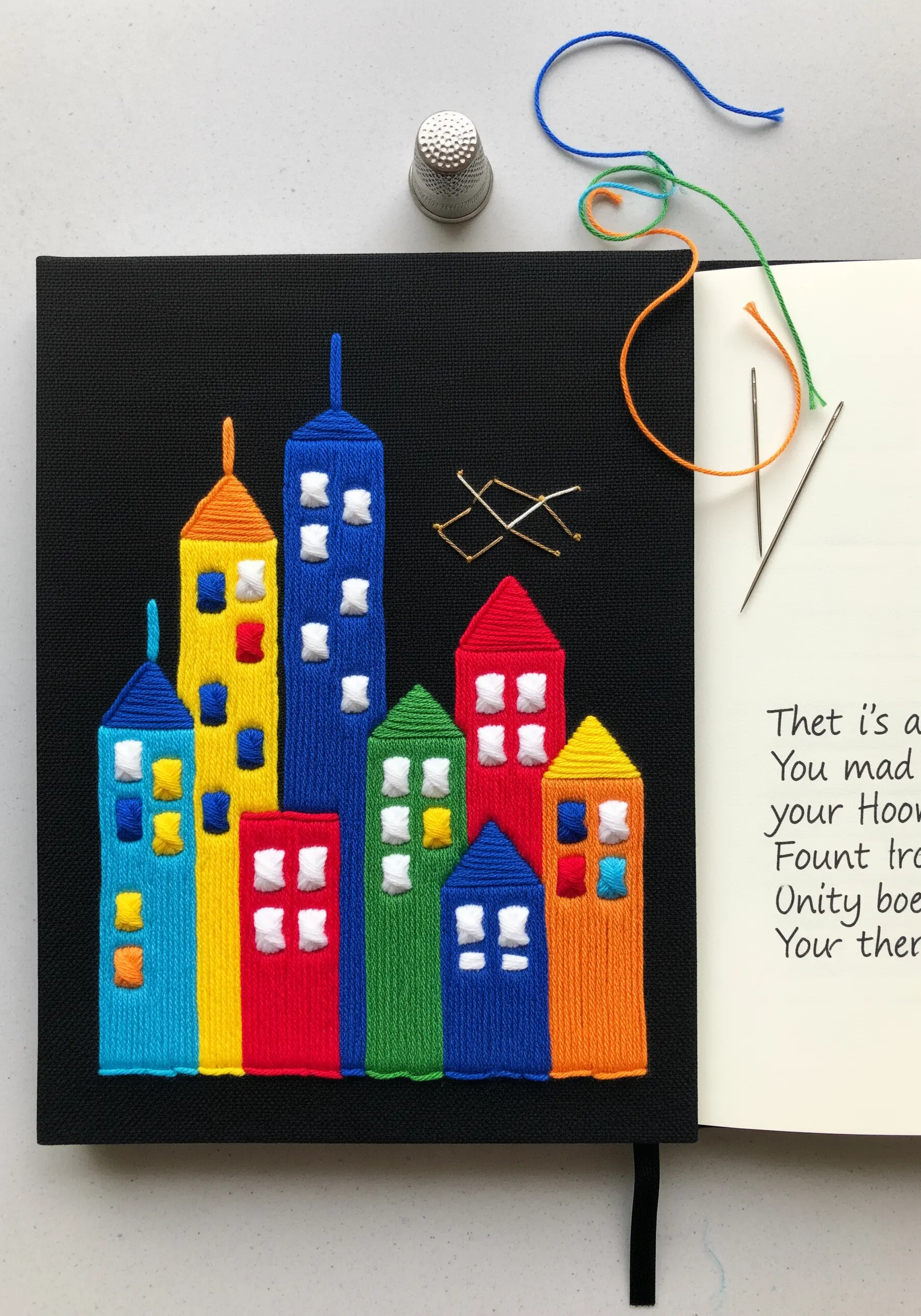 Colorful, blocky cityscape in satin stitch on the cover of a black journal.