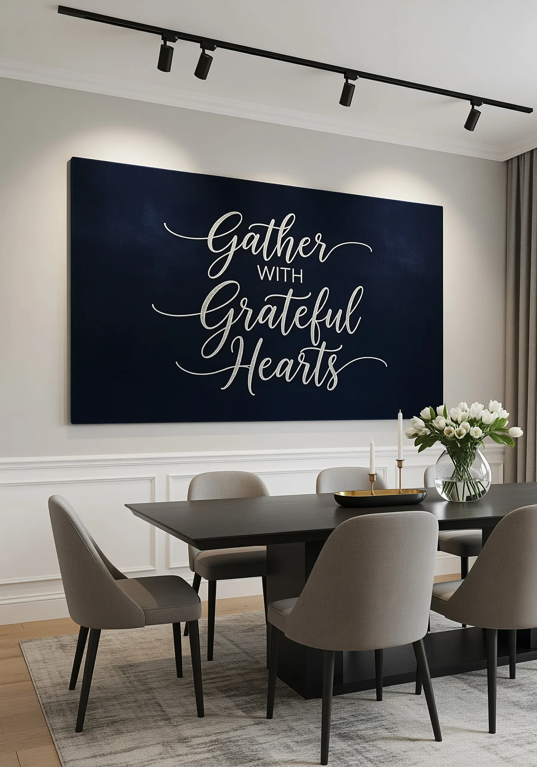 Elegant white calligraphy embroidered on a large dark navy canvas in a formal dining room.