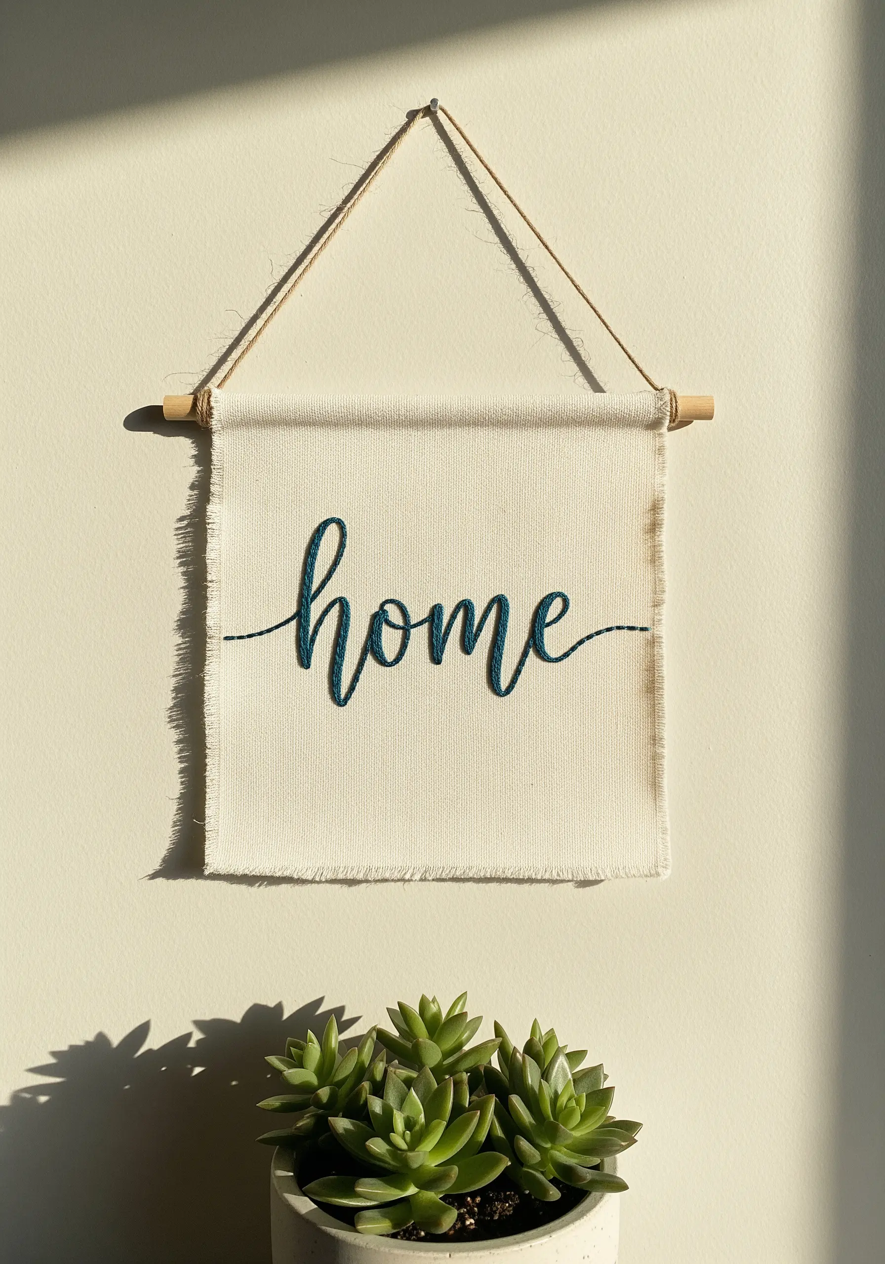 The word 'home' stitched in elegant teal script on a frayed canvas wall banner.