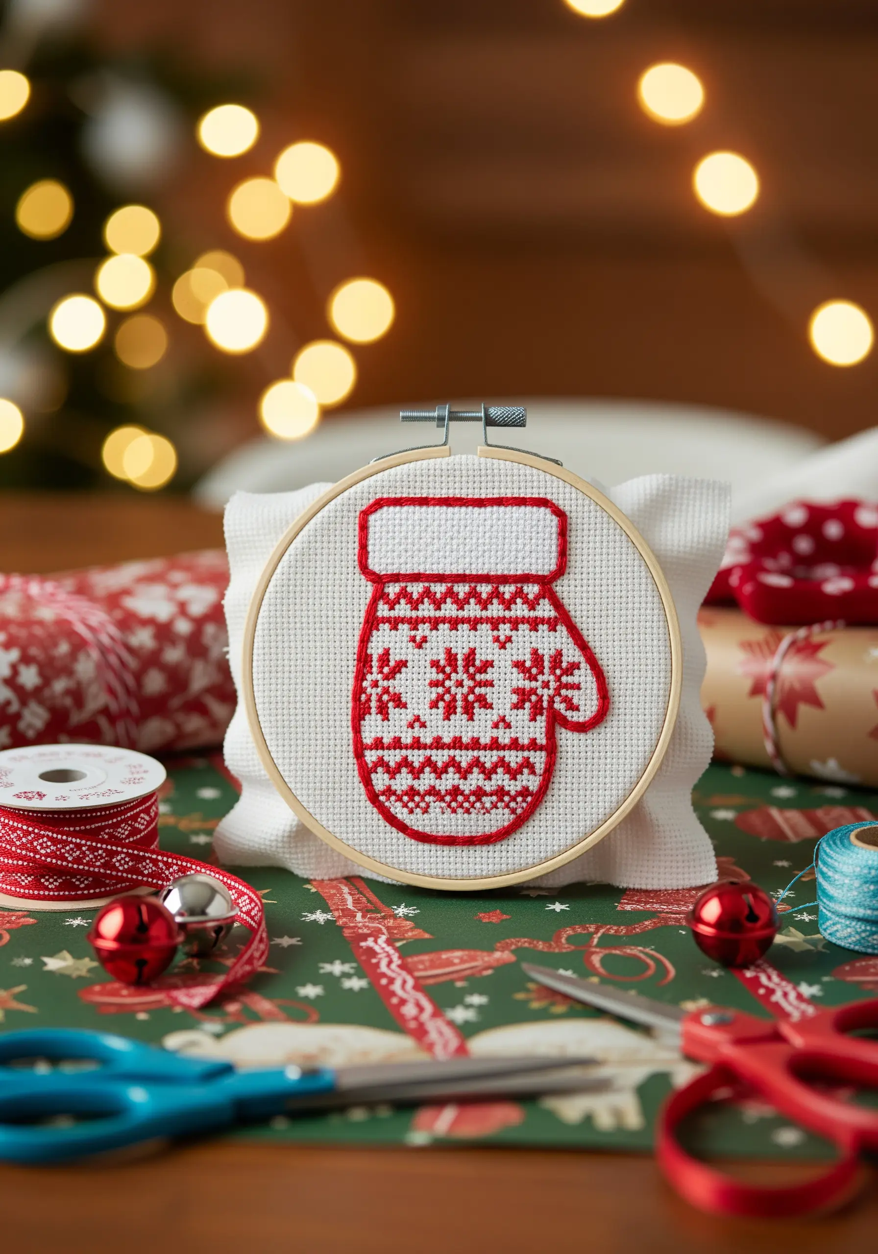Cross-stitched mitten with a red and white snowflake pattern on white Aida cloth.