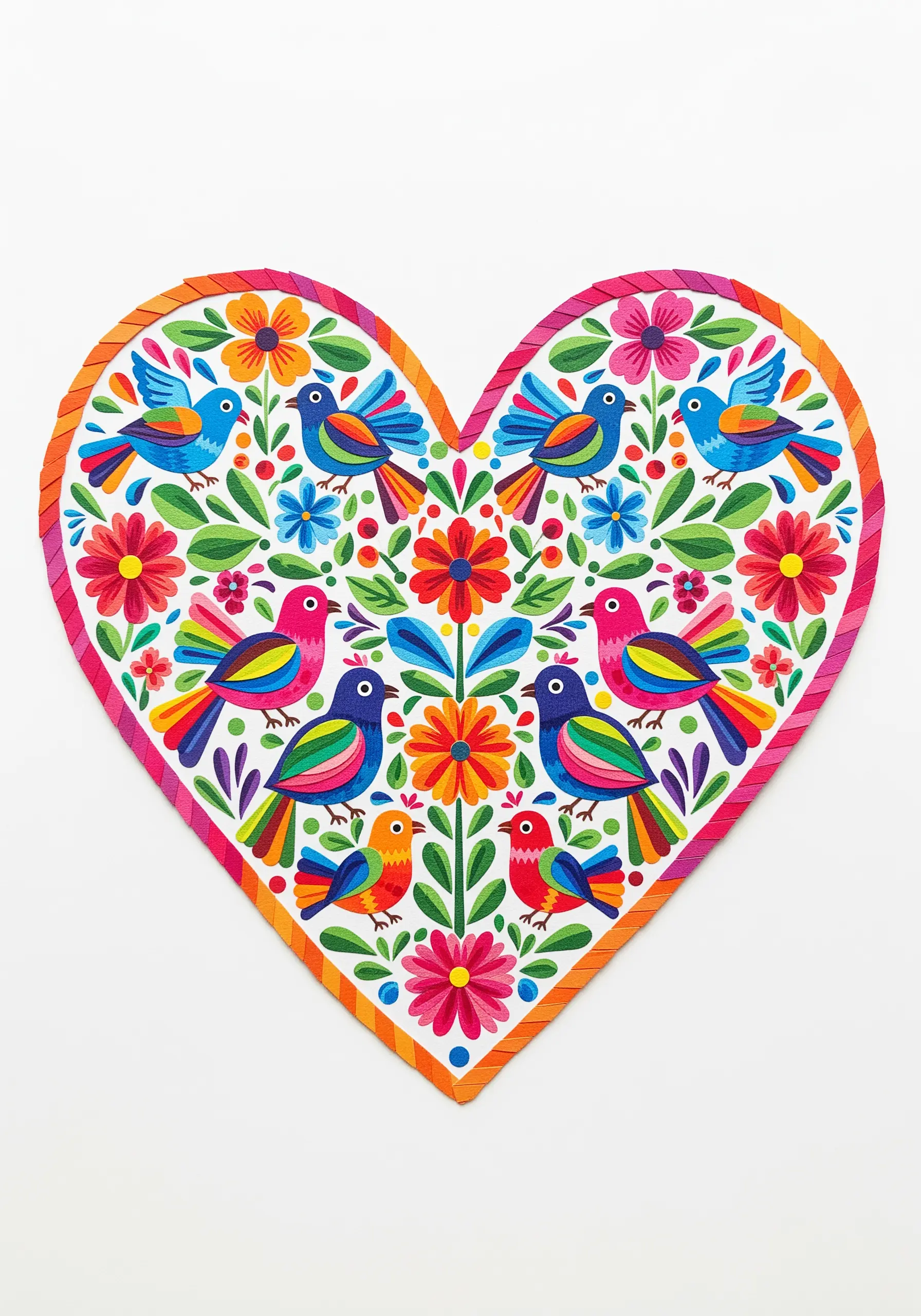 A heart-shaped paper collage filled with colorful folk art birds and flowers.