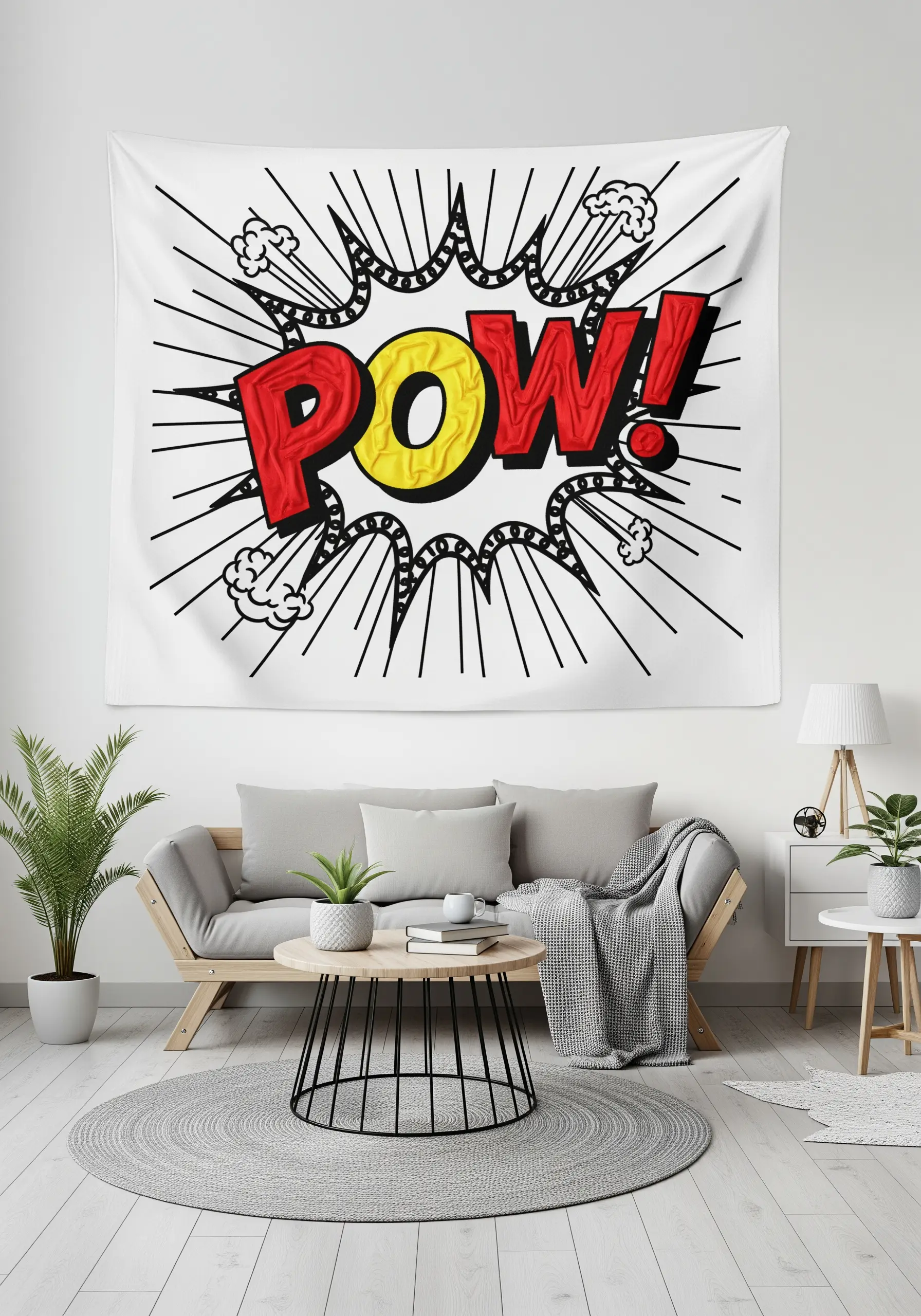 A large pop art tapestry with the word 'POW!' in a red and yellow explosive bubble.