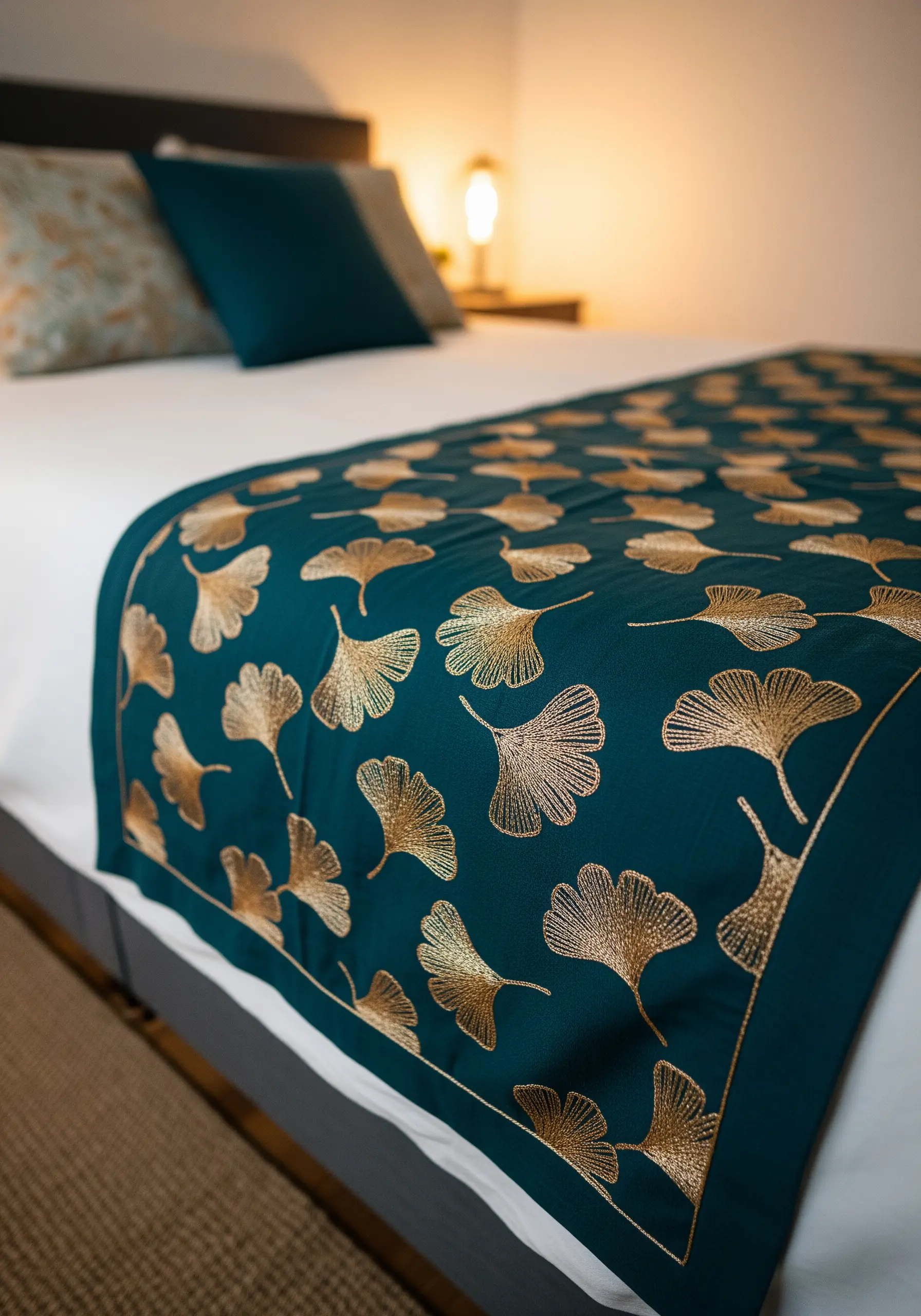 A deep teal bed runner with a repeating pattern of machine-embroidered gold ginkgo leaves