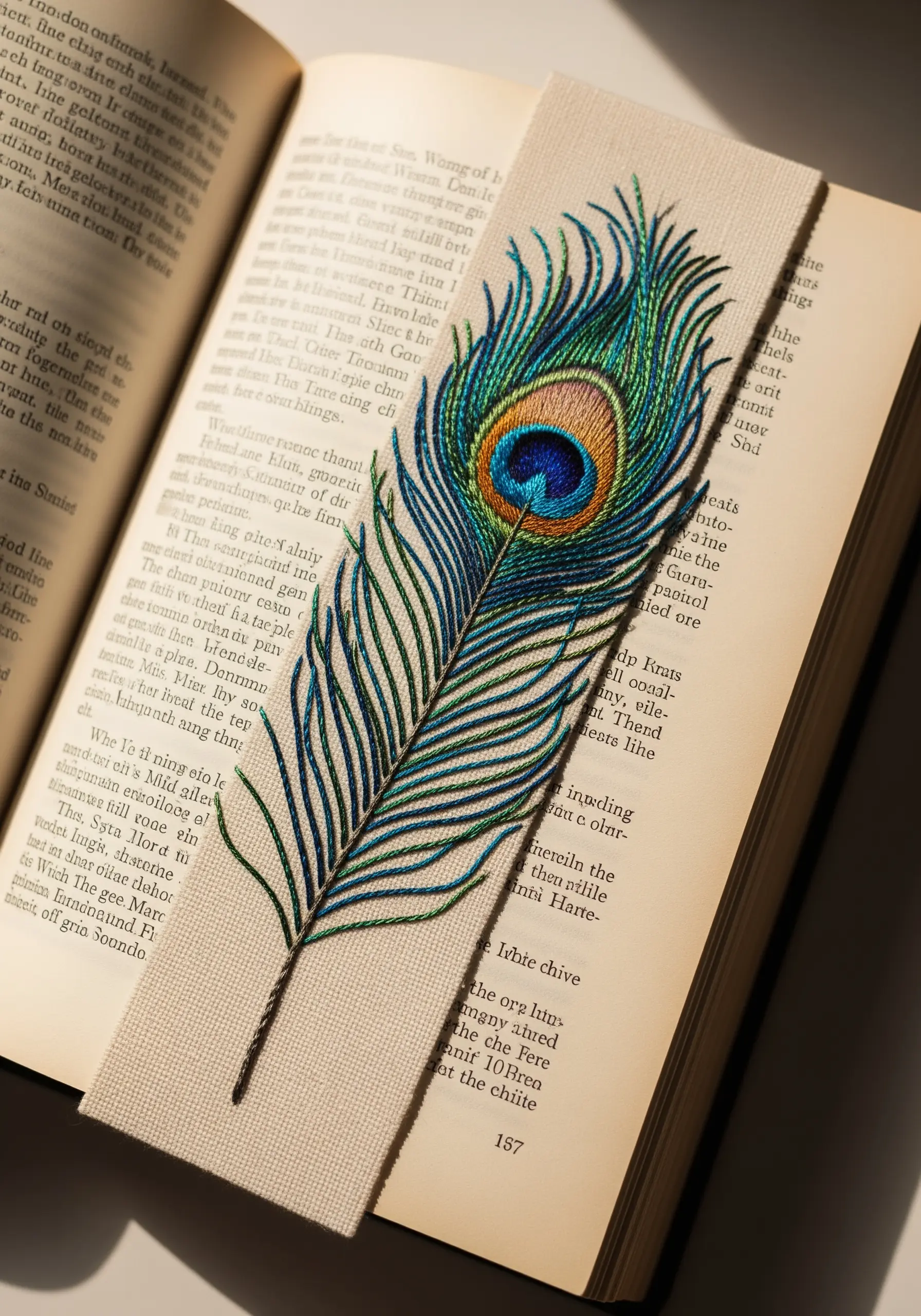 A hyper-realistic peacock feather embroidered on a fabric bookmark, showcasing iridescent colors.