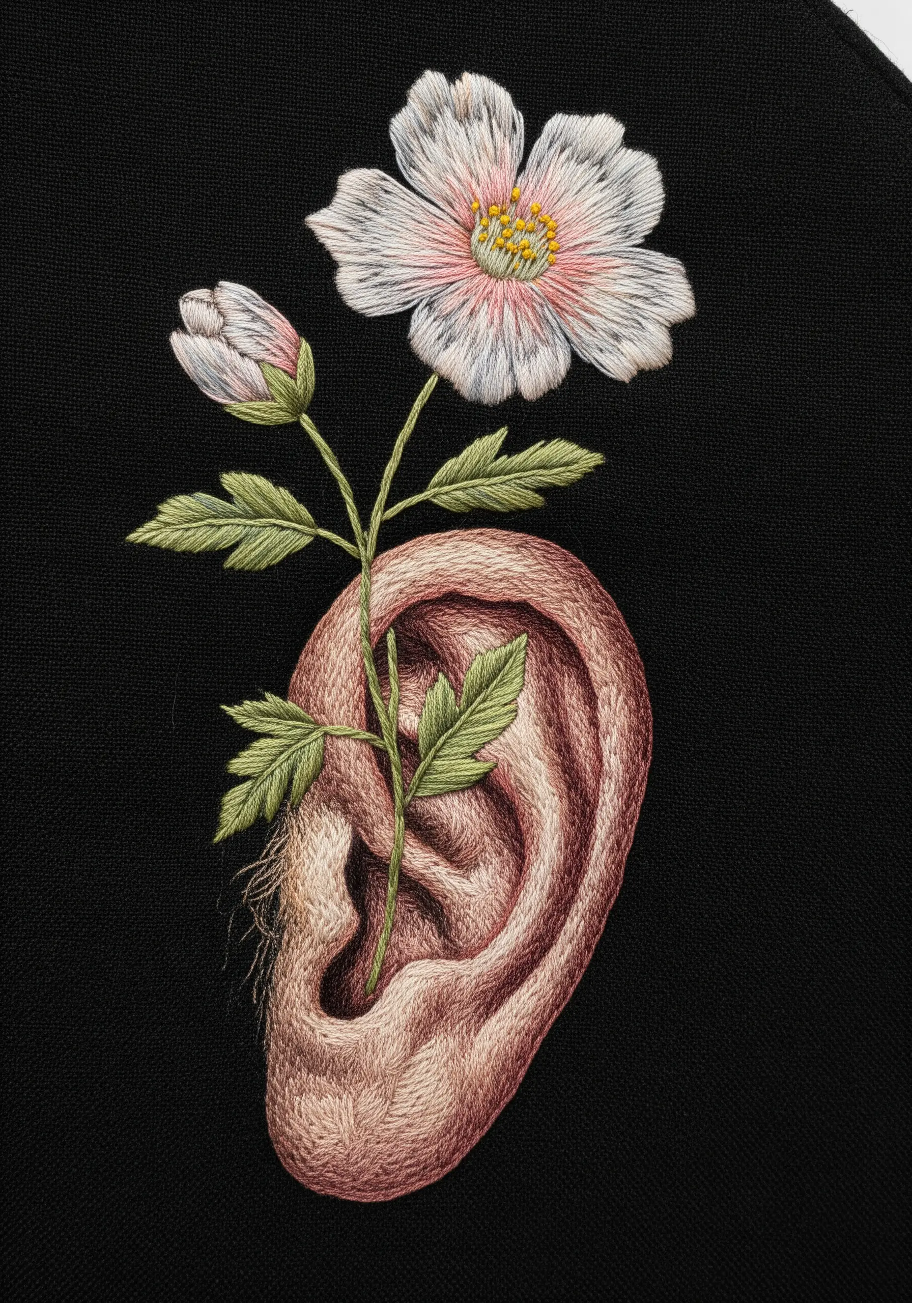 Hyper-realistic thread painting of a flower growing out of a human ear.
