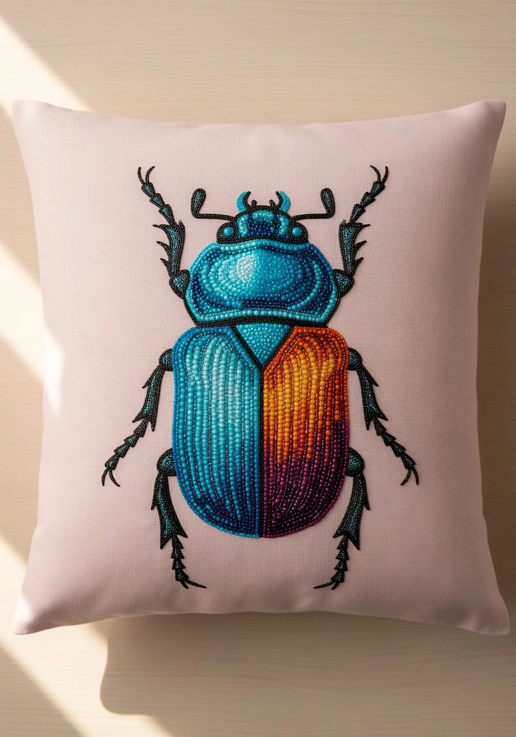 Detailed beetle embroidered with tiny seed stitches for a shaded, bead-like texture.