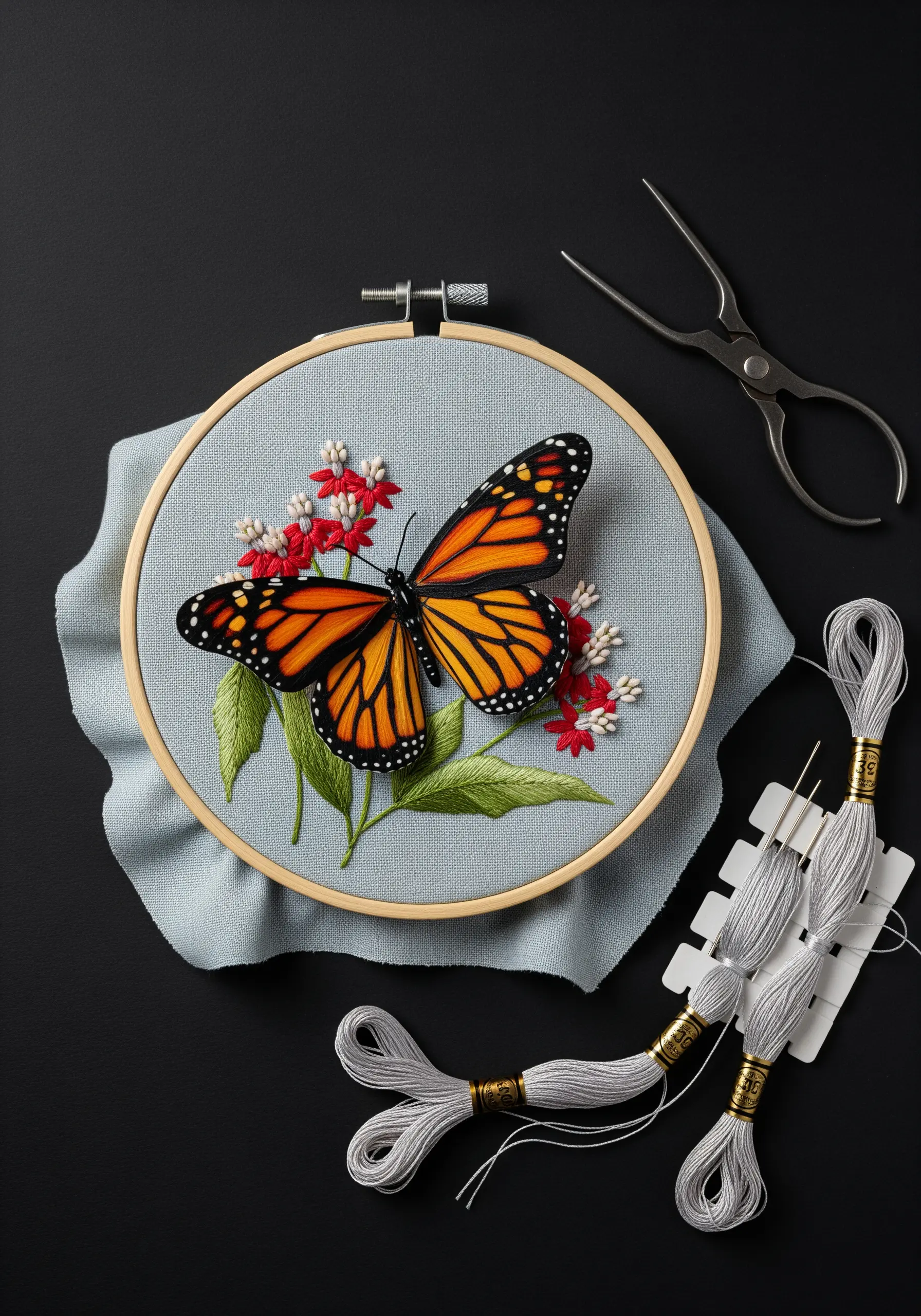 A monarch butterfly embroidered with padded satin stitch for a 3D effect.