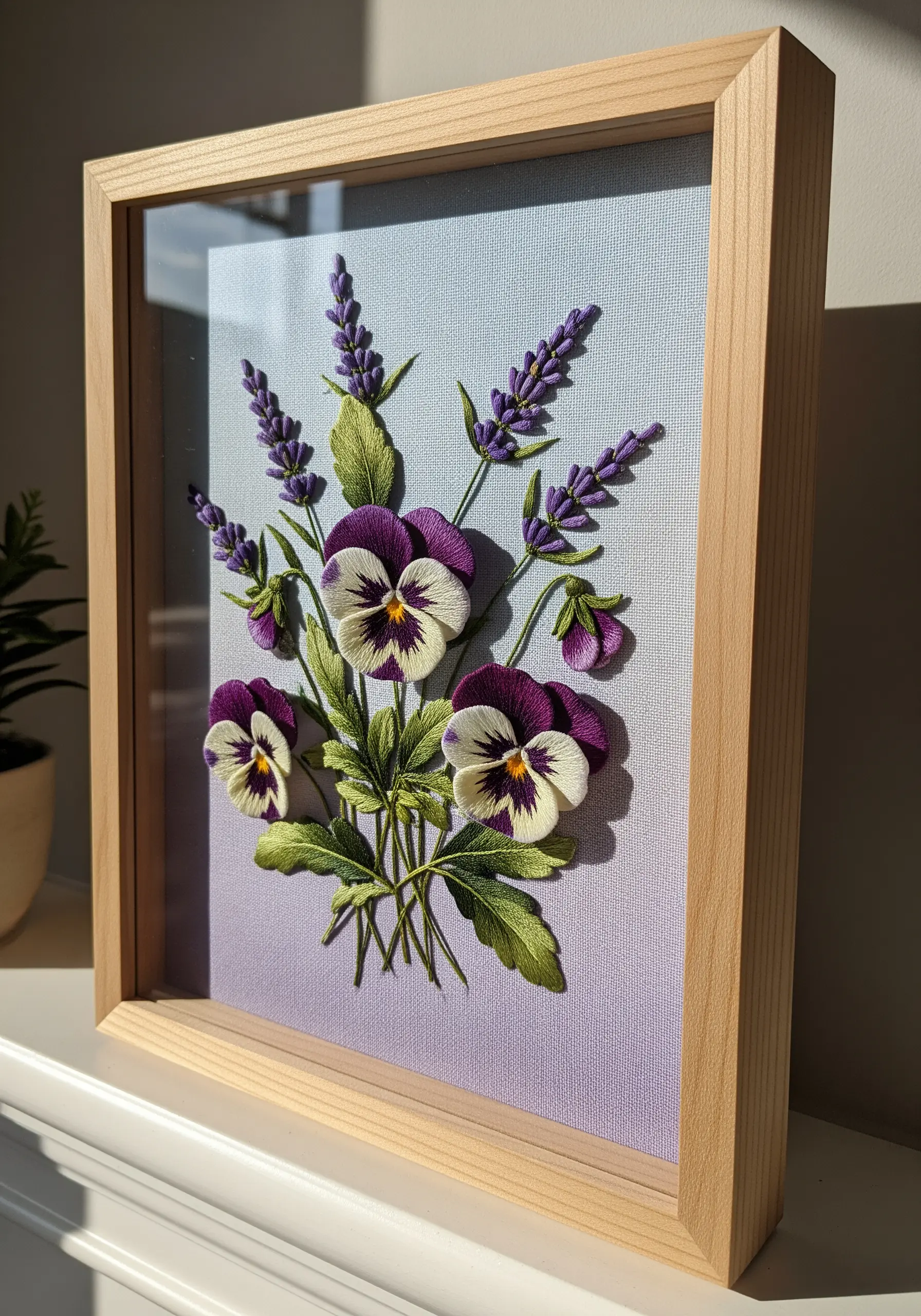 Framed 3D floral embroidery of pansies with raised petals made from padded satin stitch.