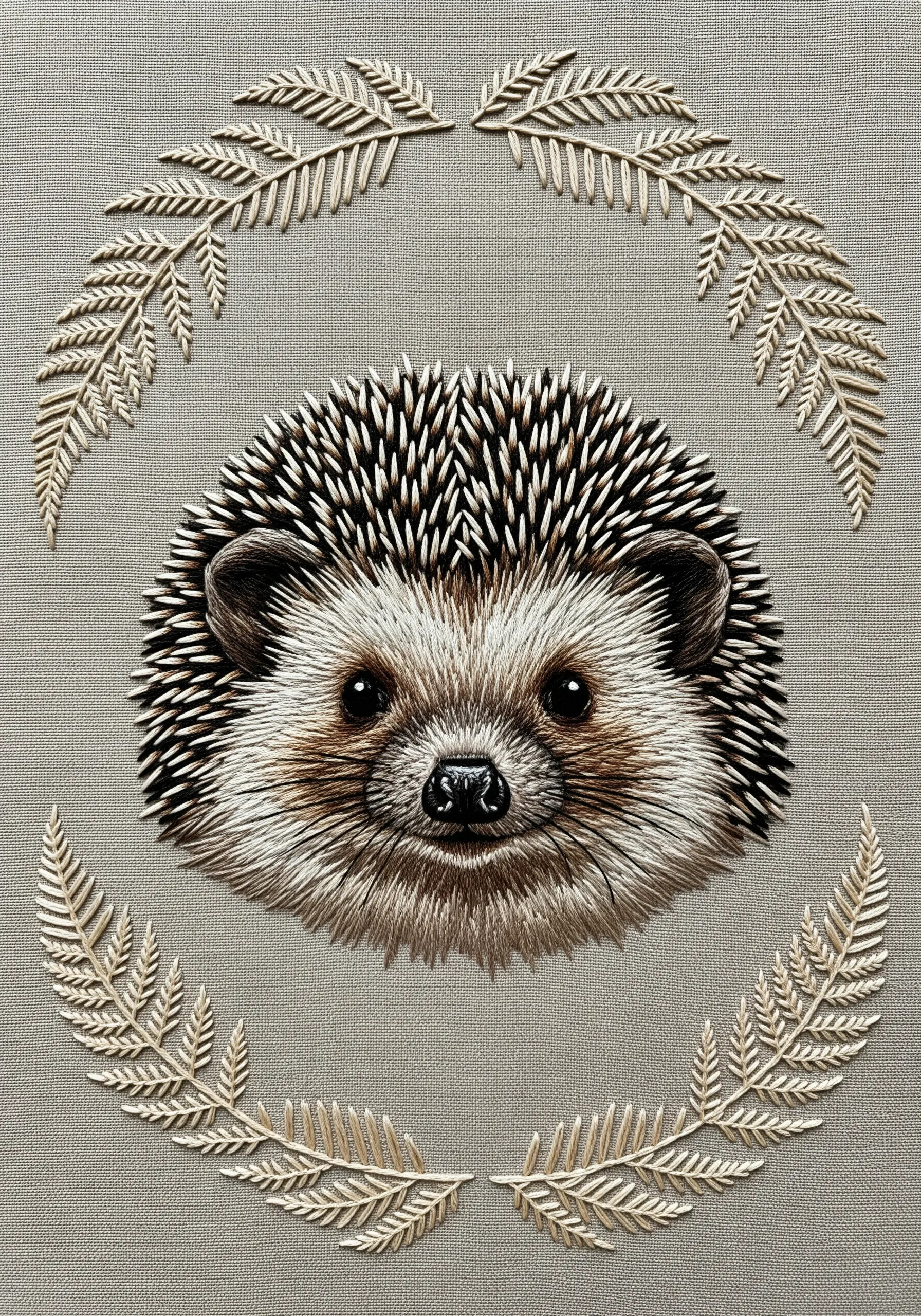 A highly realistic, thread-painted portrait of a hedgehog's face, framed by ferns.