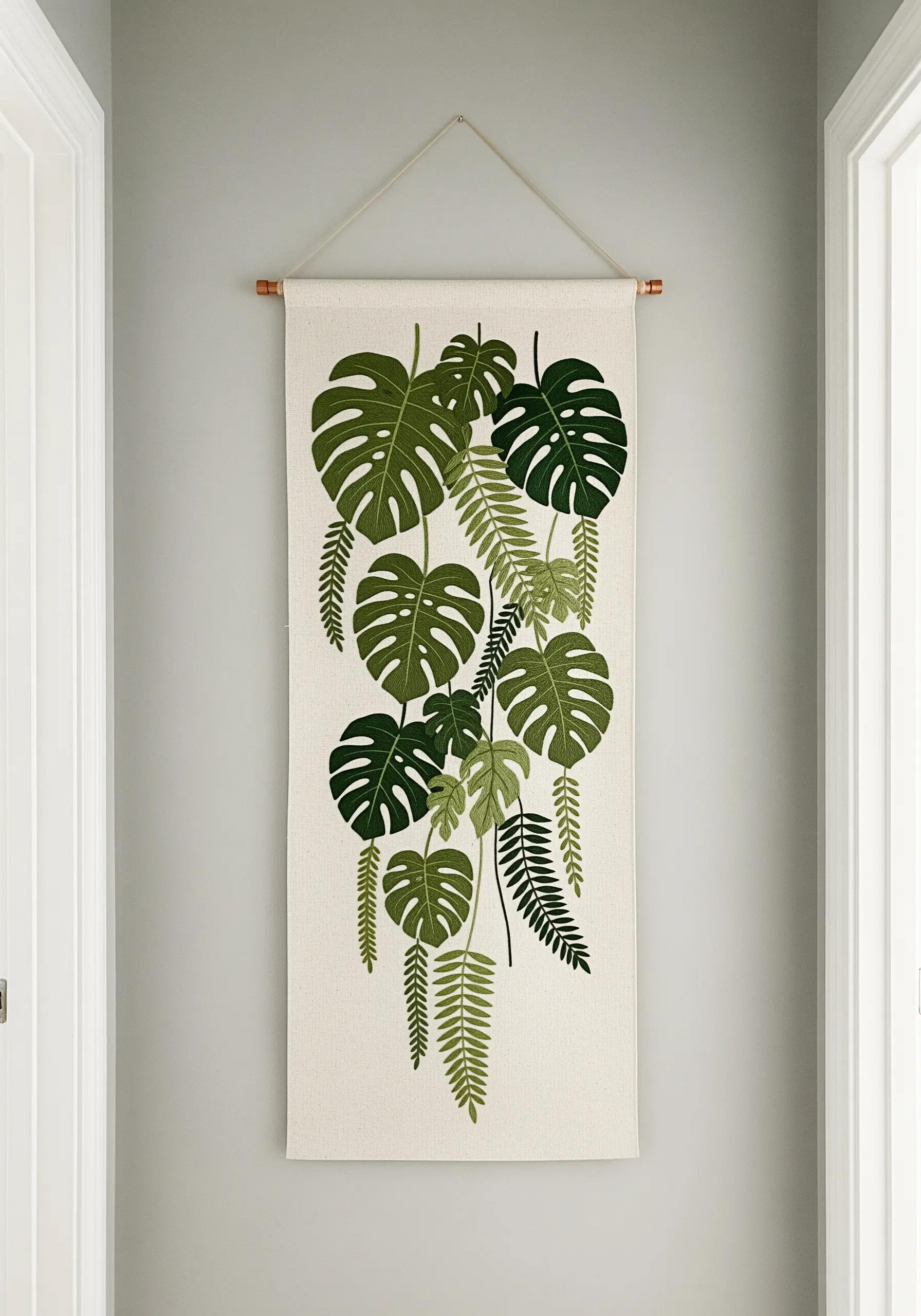 A long wall tapestry featuring embroidered monstera and fern leaves in various shades of green.
