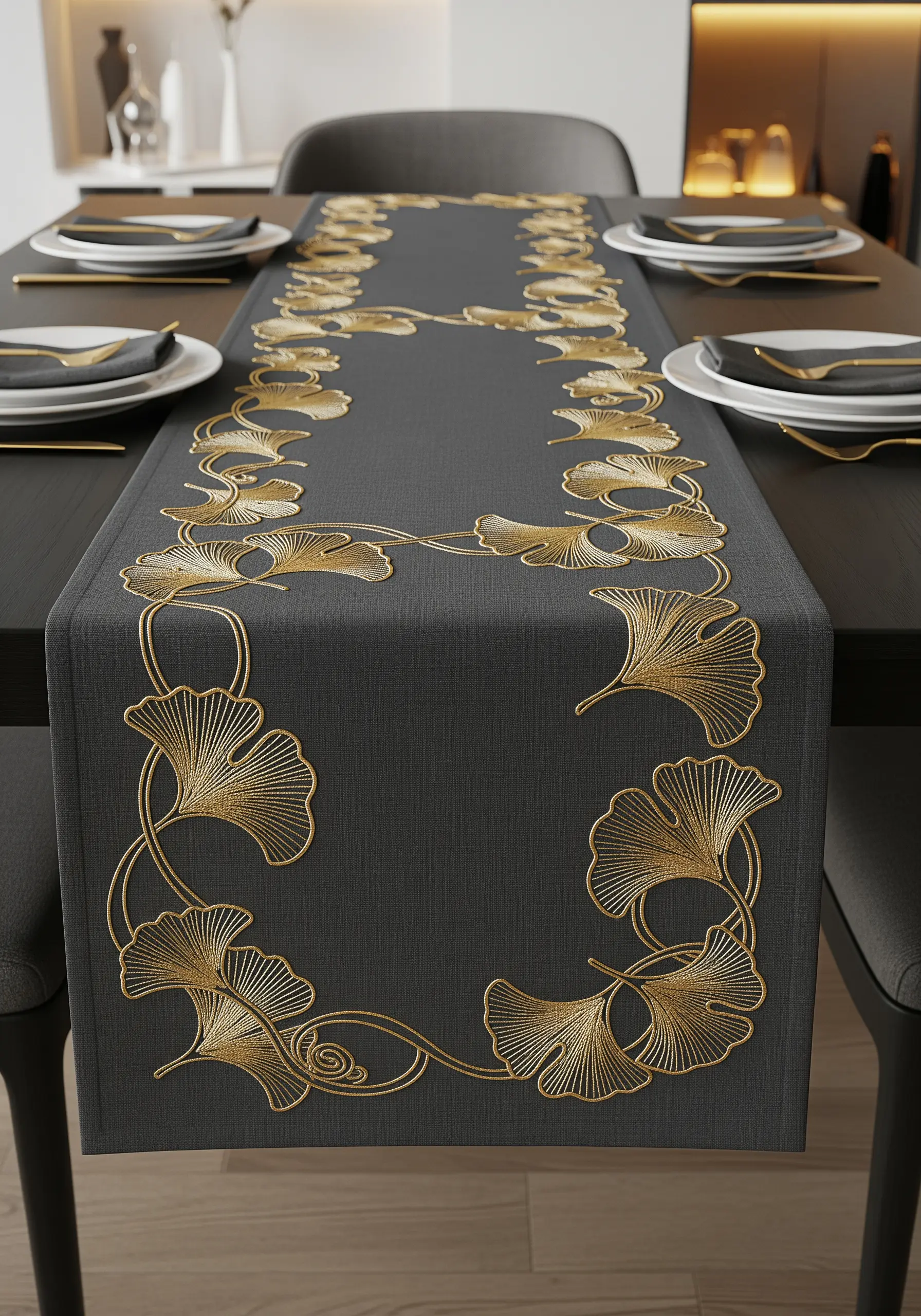 Gold metallic thread embroidery of ginkgo leaves on a dark grey table runner.