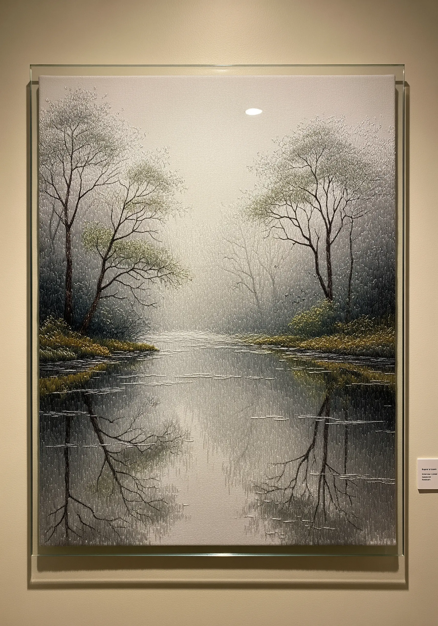 Grey mist forest embroidery with water reflection