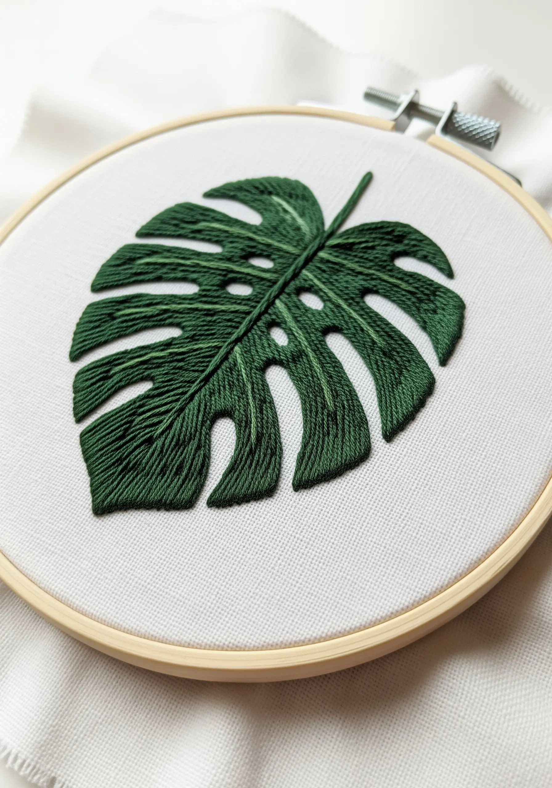 A detailed monstera leaf embroidered with directional satin stitch on white fabric.