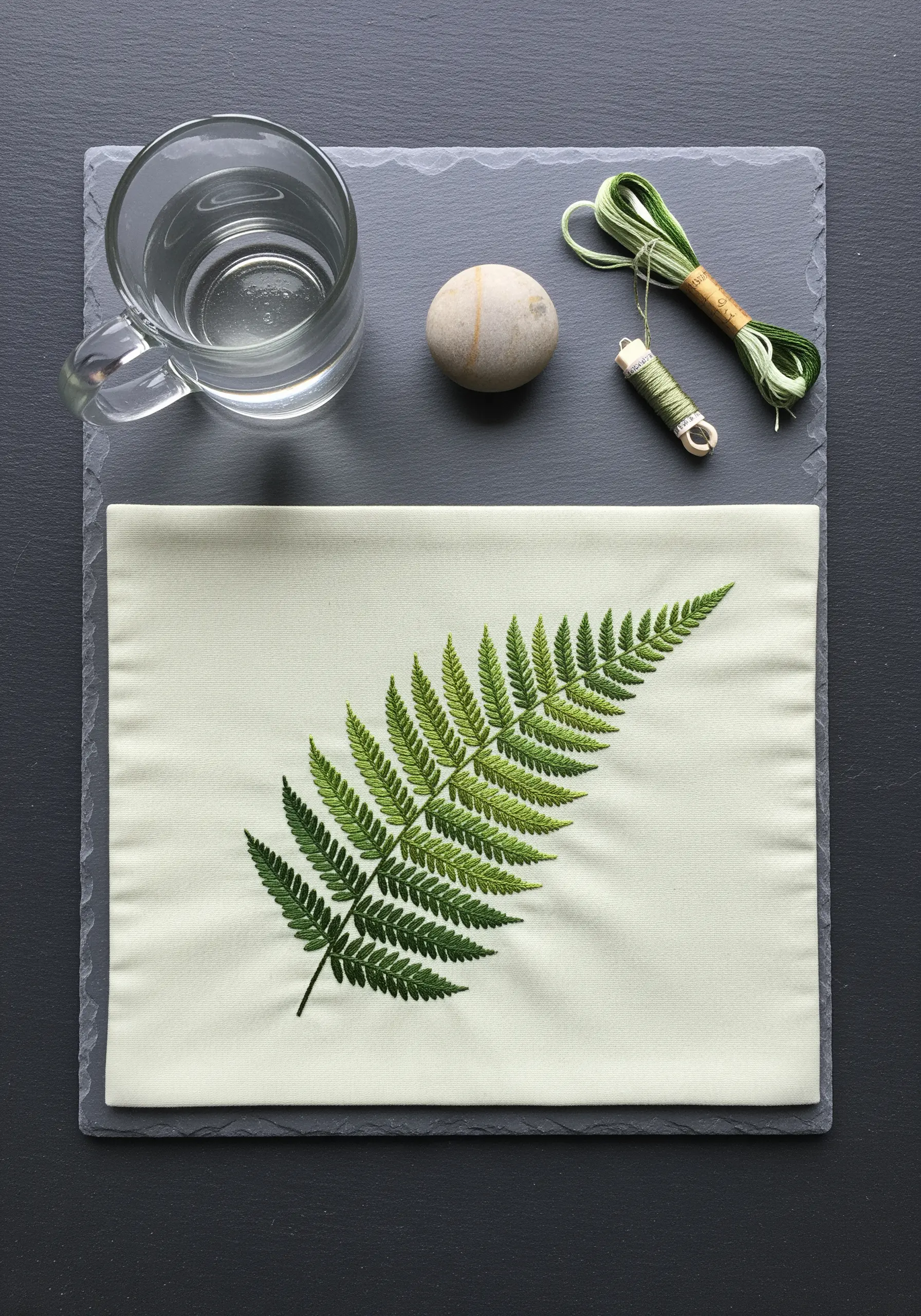 A realistic embroidered fern leaf using fishbone stitch and blended green threads.