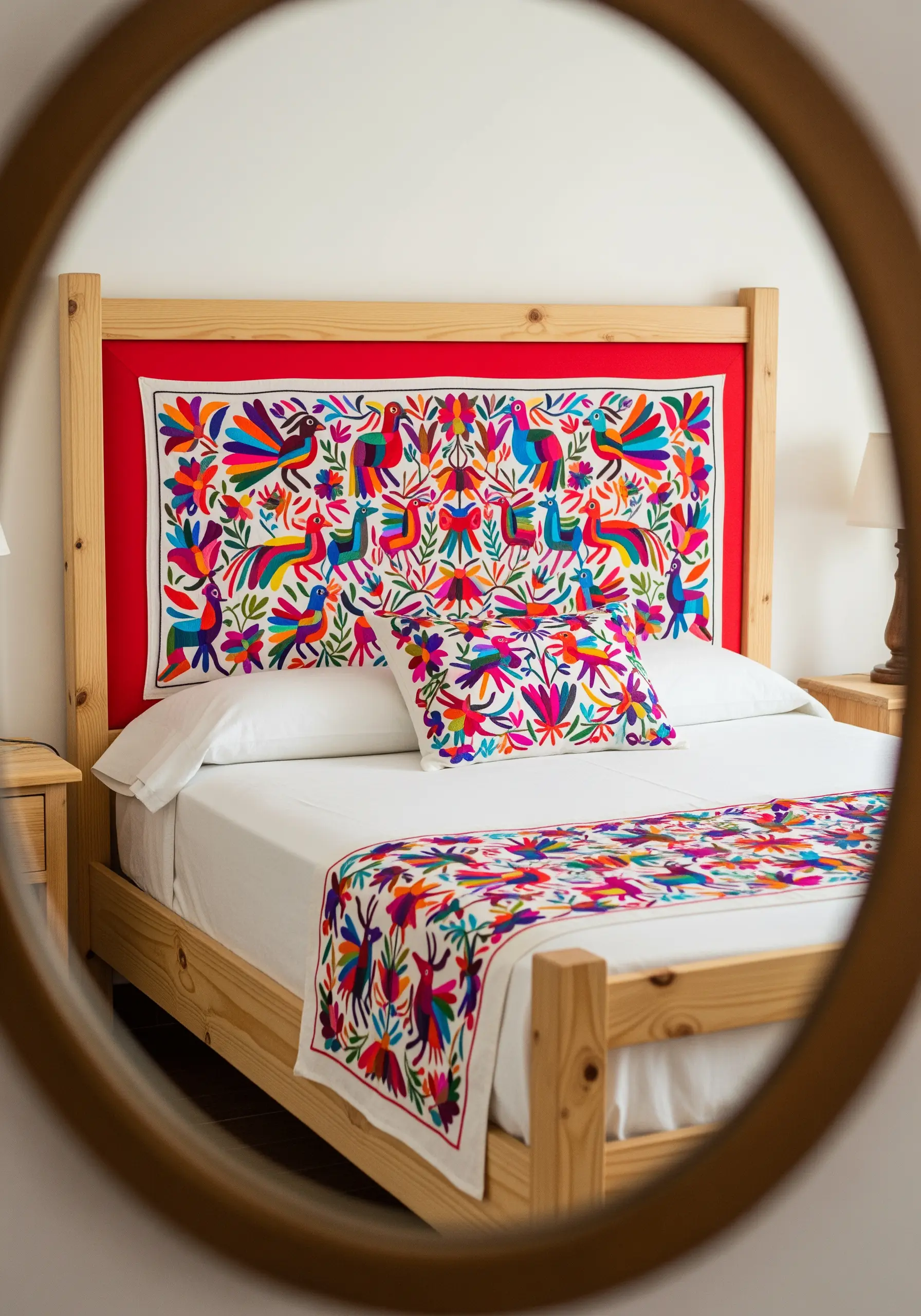 Vibrant, Otomi-style embroidery of birds and flowers on a red headboard panel.