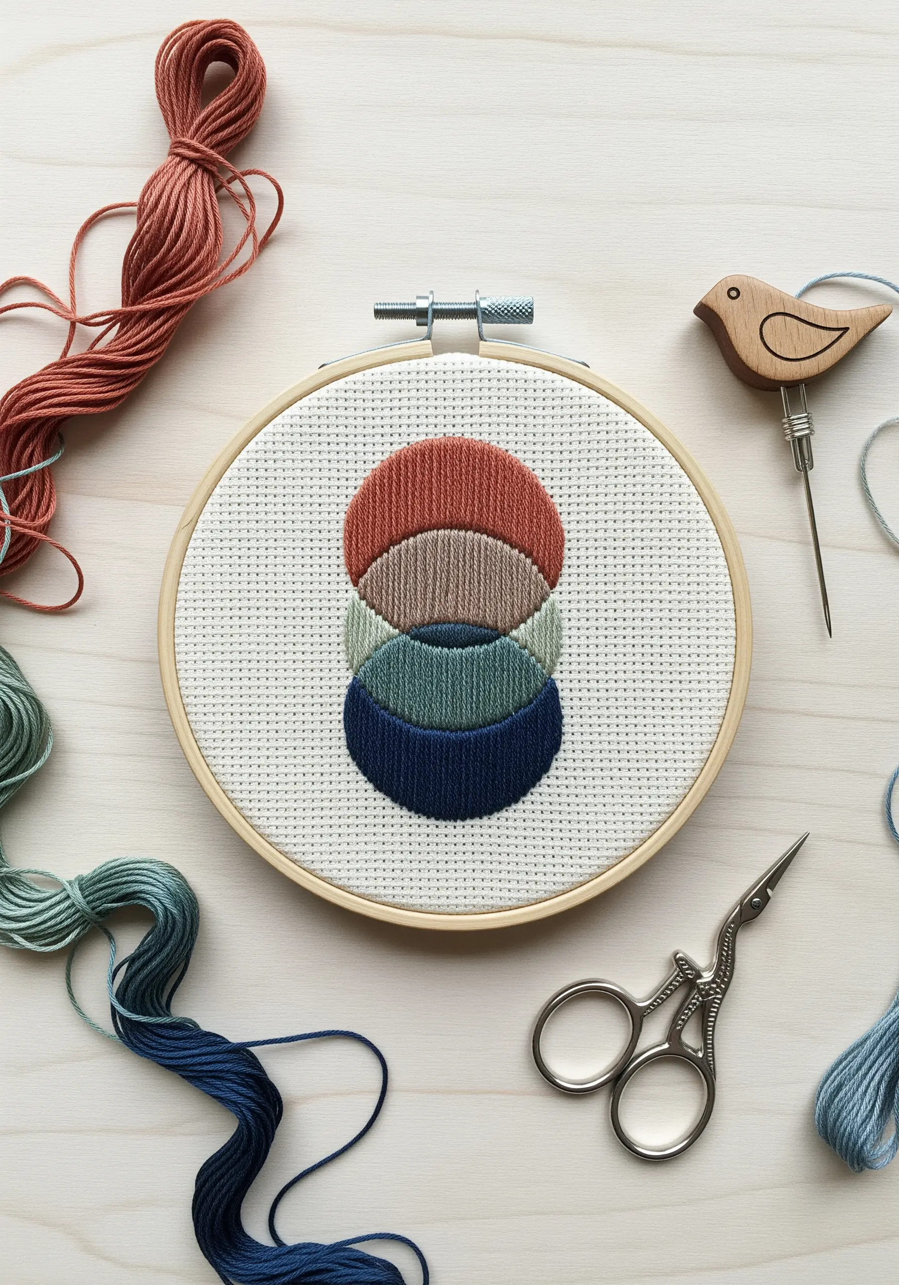 Abstract hoop art with stacked, color-blocked shapes in satin stitch.