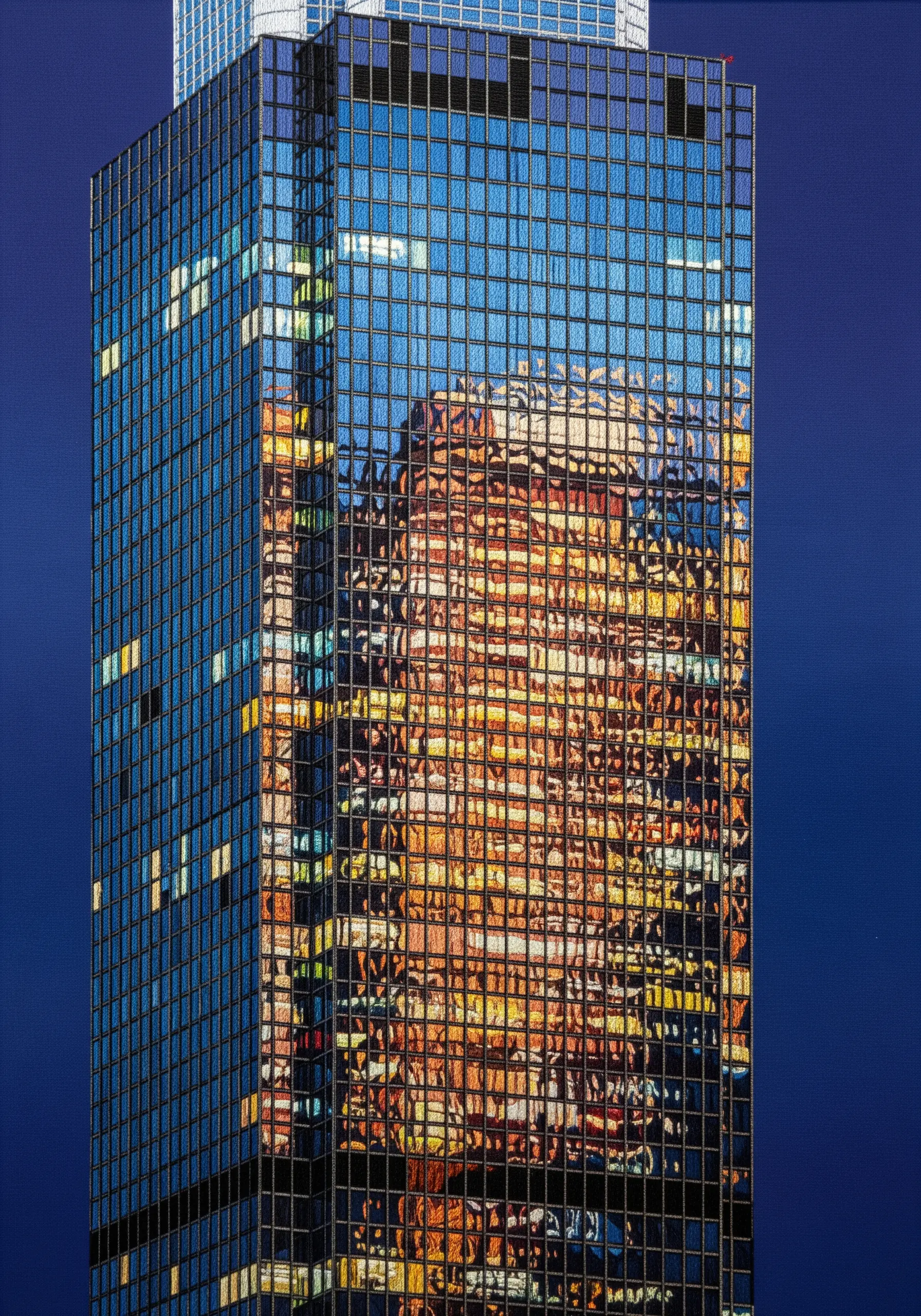 A highly realistic, thread-painted embroidery of a glass skyscraper reflecting another building.
