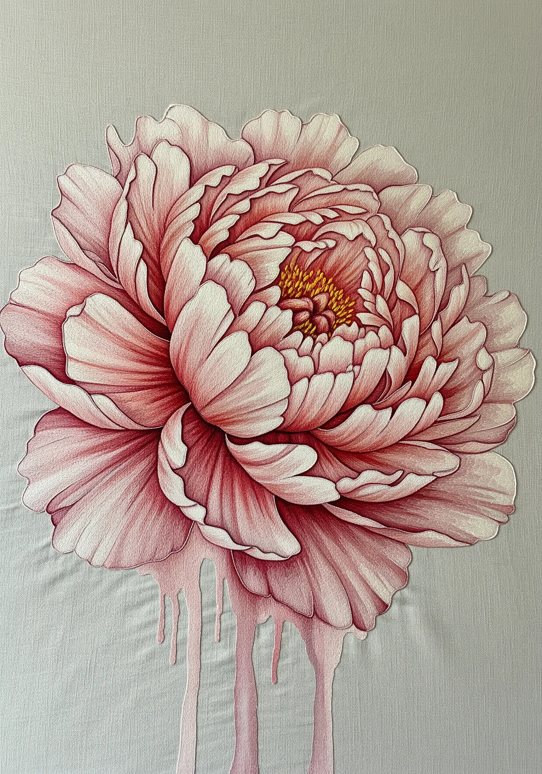Hyper-realistic thread-painted pink peony with a dripping paint effect at the bottom.
