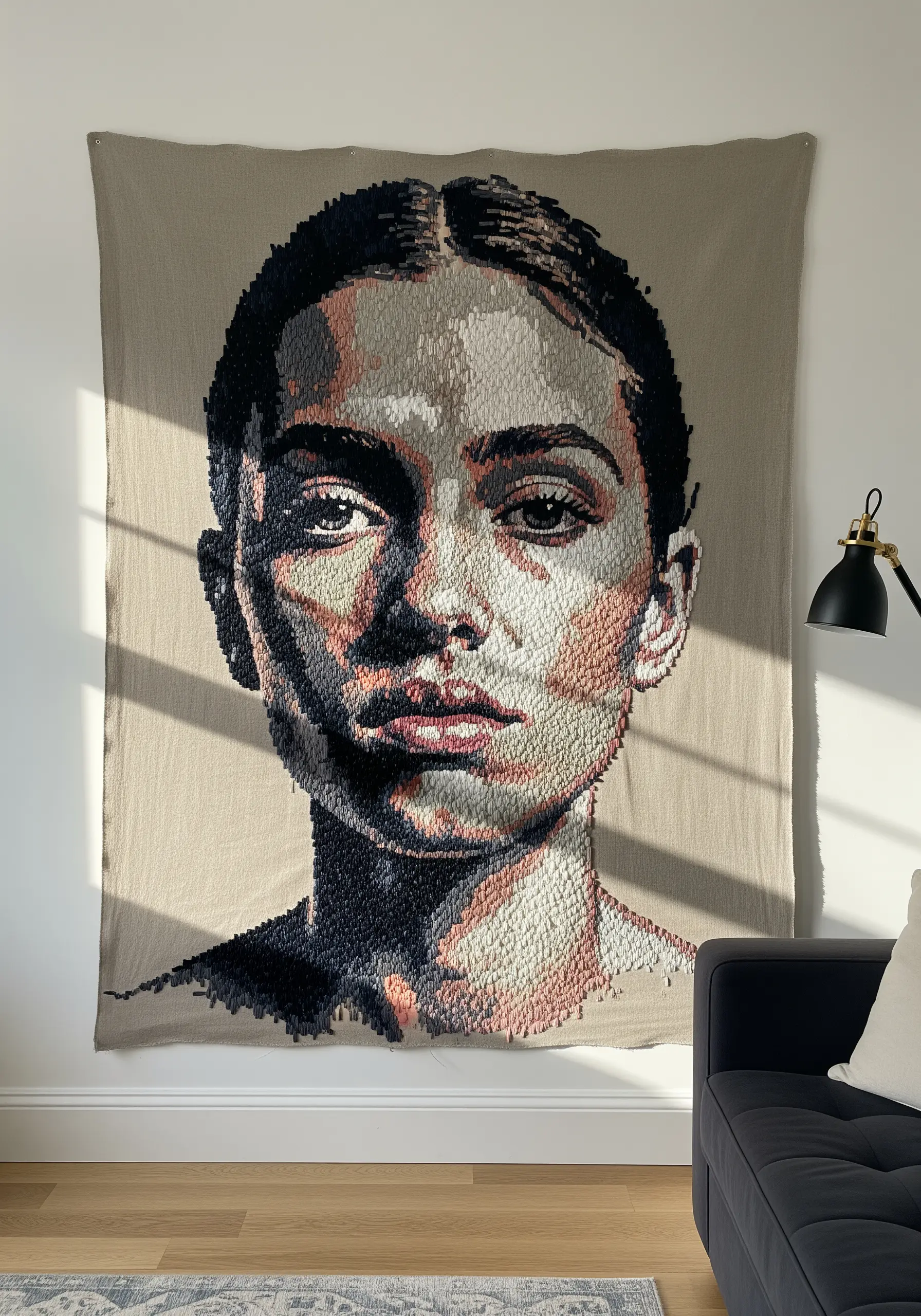 A large-scale, photorealistic embroidered portrait of a woman's face on neutral fabric.